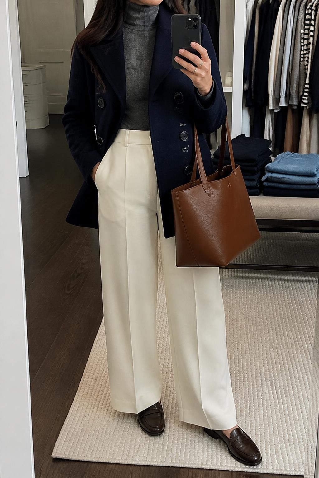 Mirror selfie of a woman wearing a structured navy double-breasted peacoat, fitted heather-grey turtleneck, high-waisted ivory wide-leg trousers, dark brown leather loafers, and a structured cognac tote bag, clearly showing the exact clothing items, colors, fabrics, and accessories listed, holding a phone in front of a walk-in closet mirror, cropped at the neck so the face does not show, relaxed confident selfie pose, soft indoor lighting, an open closet with clothes visible and folded denim jeans on a bench, polished everyday setting, latest iPhone photo quality.