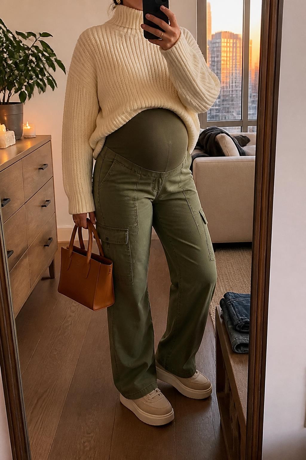 mirror selfie of a pregnant woman wearing a cream chunky turtleneck sweater, olive green maternity cargo pants with a soft stretch waistband, beige platform sneakers, a caramel mini tote bag, and gold stud earrings, clearly showing the same clothing items, colors, fabrics, and accessories listed in the Outfit Pieces section, holding a phone in front of a mirror, cropped at NECK so the face does not show, with a relaxed casual selfie pose, in a stylish city apartment, evening golden hour, including a small plant on a dresser and folded denim jeans on a bench, latest iPhone photo quality.