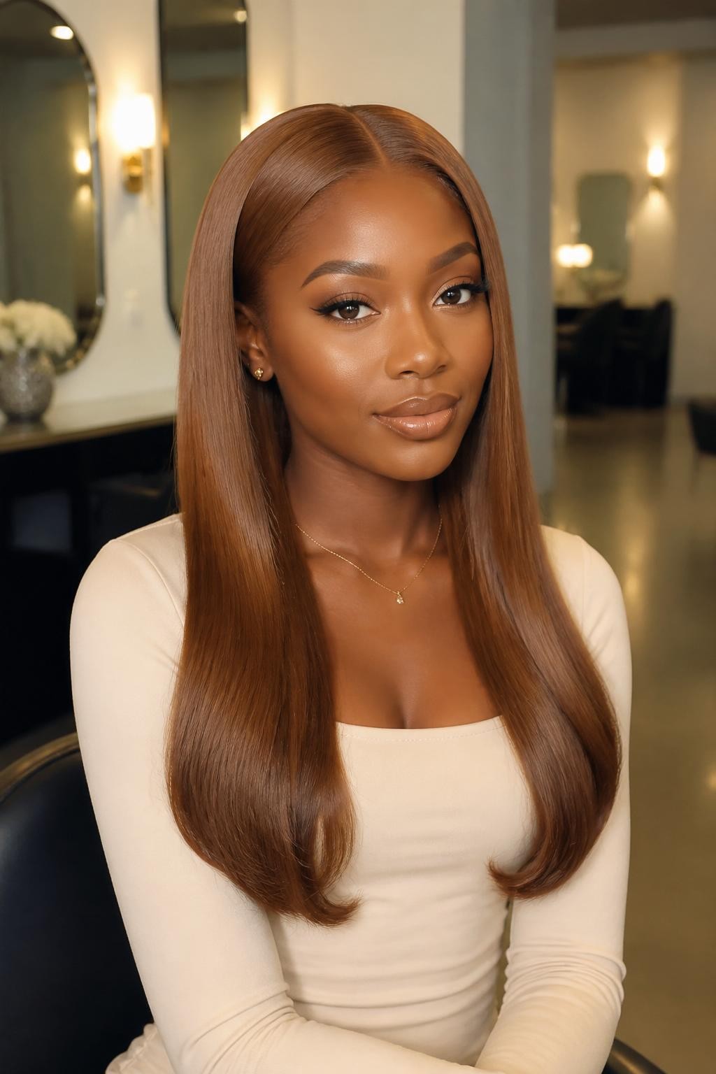 Image Prompt: A stunning woman with a long sleek silk press dyed teddy bear brown, warm creamy brown shade with soft caramel undertones, center part, silky straight strands with smooth shine, softly curled-under ends, warm deep brown skin, clean soft glam makeup, nude glossy lips, small gold necklace, fitted cream top, luxury salon-inspired background, soft even lighting, waist-up beauty portrait, realistic DSLR quality, detailed straight hair shine and soft brown color, no text, (no watermarks on images)