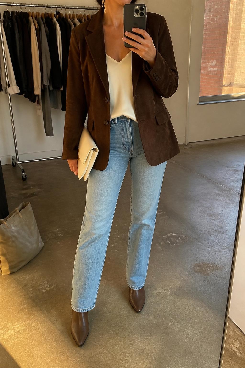 mirror selfie of a woman wearing the exact outfit described above, clearly showing a chocolate brown suede blazer layered over an ivory satin cami, light-wash straight-leg jeans, brown pointed ankle boots, a cream clutch, and gold drop earrings, holding a phone in front of a mirror, cropped at NECK so the face does not show, with a relaxed casual selfie pose, in a fashion studio mirror corner, evening golden hour, with a clothing rack with garments behind and a tote bag resting on the floor, latest iPhone photo quality.