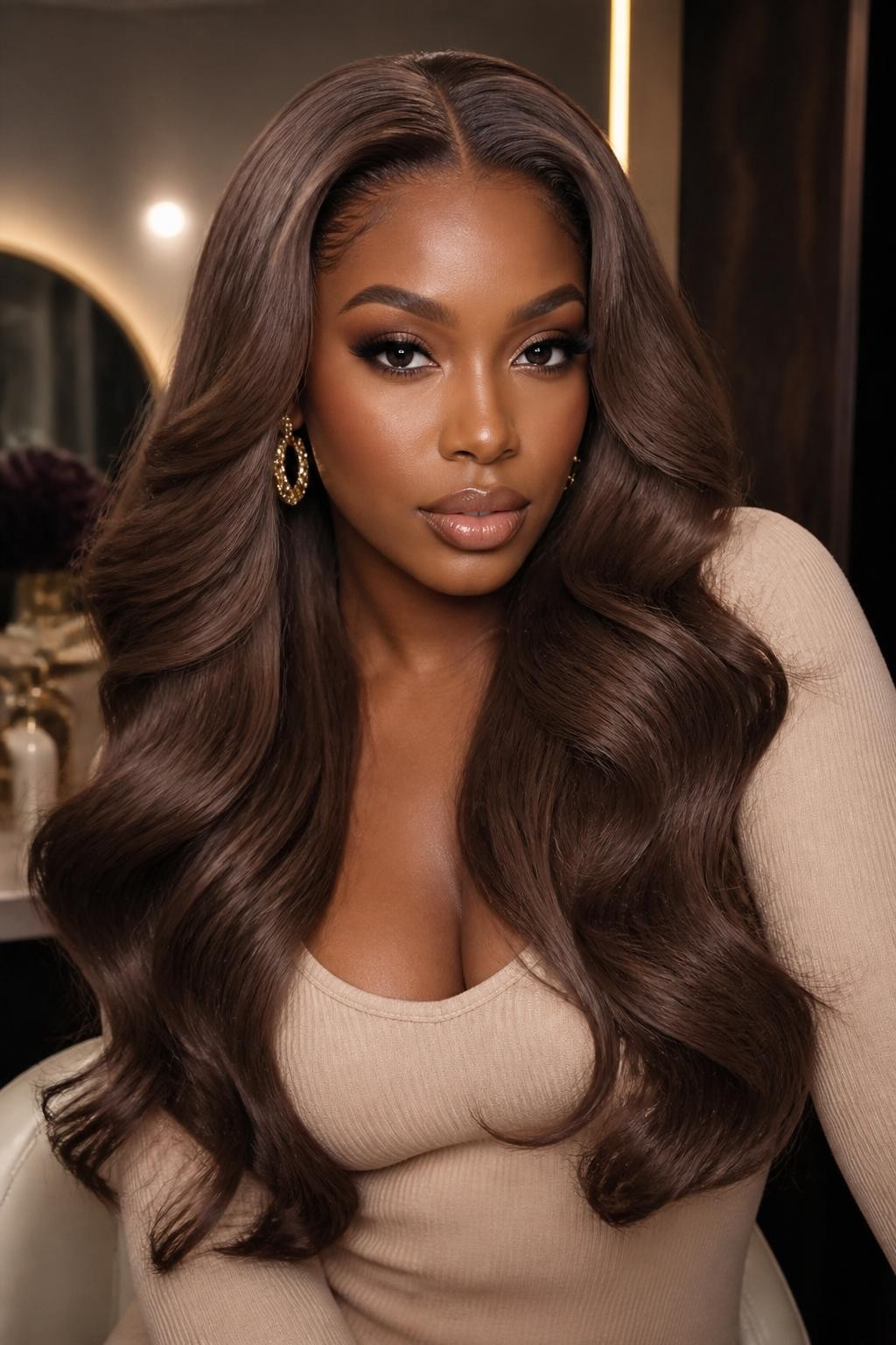 Image Prompt: A beautiful woman wearing a long brownie batter brown wig, layered loose waves, rich cocoa-chocolate hair color with glossy shine, natural-looking hairline, deep brown skin, smooth soft glam makeup, gold earrings, fitted beige top, luxury beauty studio setting, soft warm lighting, realistic editorial portrait, detailed wave texture and rich brunette tone, no text, (no watermarks on images)