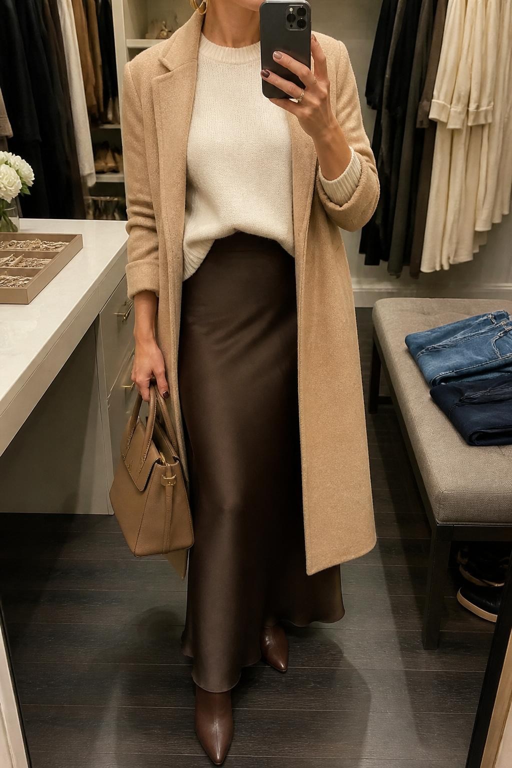mirror selfie of a woman wearing the exact outfit described above, clearly showing a chocolate brown satin maxi skirt, cream cashmere sweater tucked softly at the front, brown pointed ankle boots, camel wool coat worn open, tan structured handbag, and gold hoop earrings, holding a phone in front of a mirror, cropped at NECK so the face does not show, with a relaxed casual selfie pose, in a walk-in closet mirror, soft indoor lighting, with a jewelry tray on the vanity and folded denim jeans on a bench, latest iPhone photo quality.