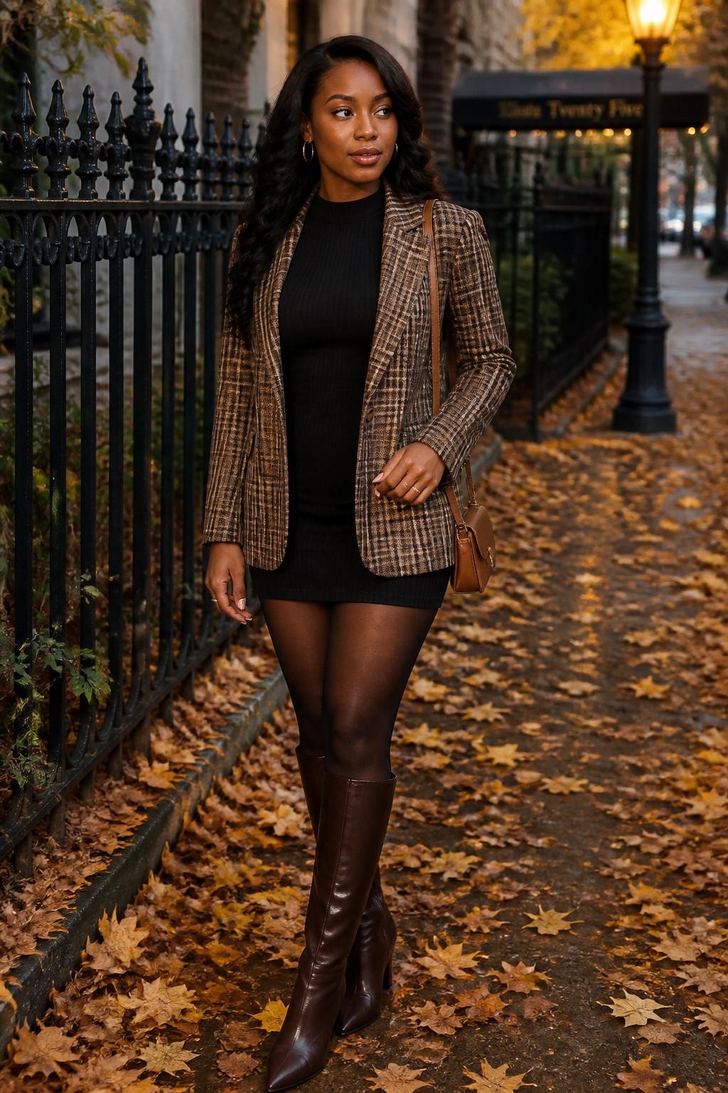 Realistic full-body DSLR fashion photo of a Black woman wearing a brown plaid tailored blazer over a fitted black long-sleeve knit mini dress, sheer black tights, dark brown knee-high boots, and a small cognac shoulder bag, standing on a leaf-covered city street beside a black iron fence, soft evening light, exact outfit colors, pattern, and pieces clearly shown, confident polished pose.