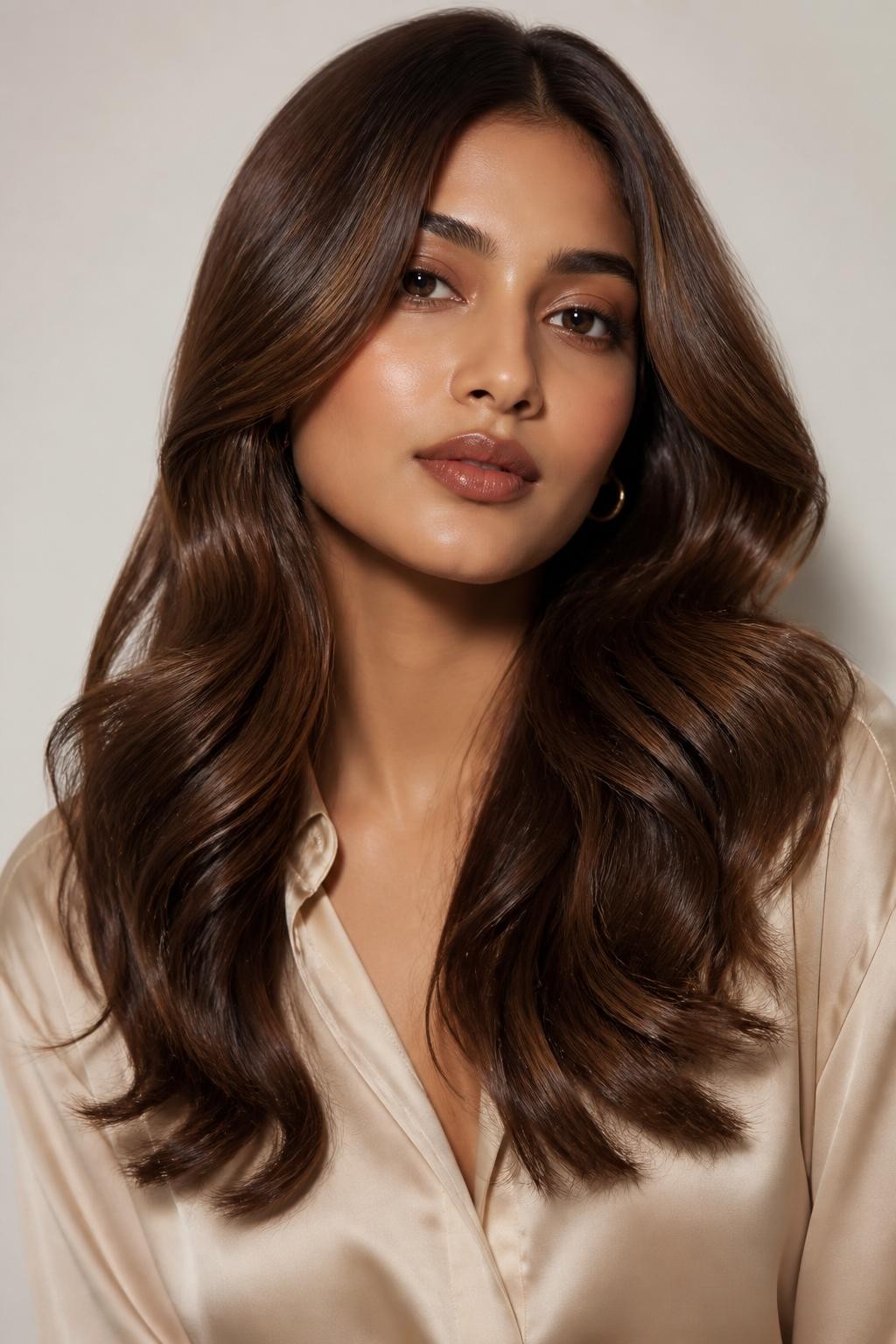 Image Prompt: A beautiful woman with long classic teddy bear brown hair, warm medium-brown shade with soft beige and caramel undertones, center part, loose glossy waves, smooth healthy shine, warm medium skin tone, soft natural makeup, glossy nude lips, small gold hoop earrings, cream satin blouse, clean neutral studio background, soft diffused lighting, realistic DSLR beauty editorial portrait, detailed warm brunette shine and soft wave texture, no text, (no watermarks on images)