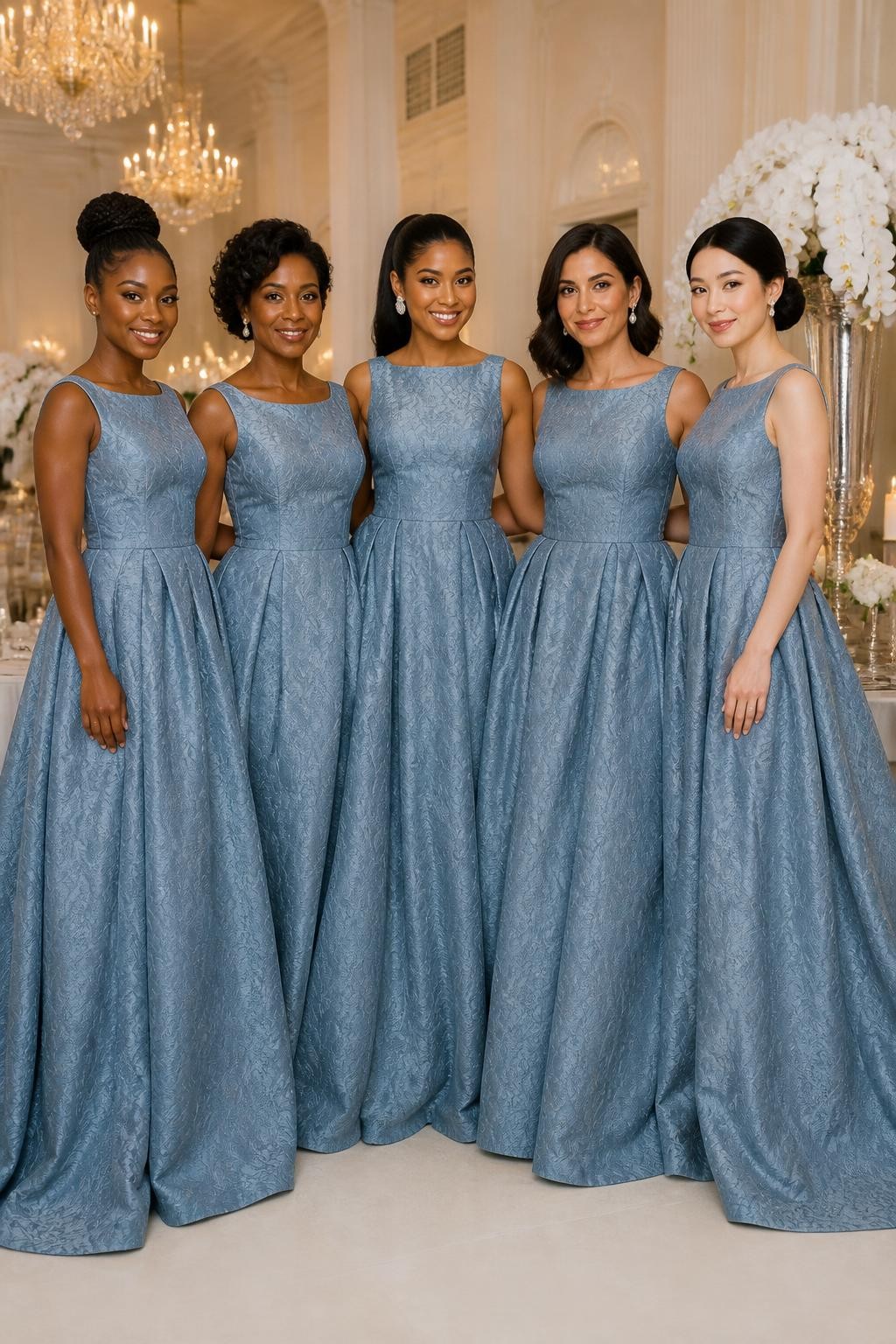 Realistic formal ballroom wedding portrait of five bridesmaids wearing dusty blue jacquard ball gowns with subtle woven botanical patterns, structured bateau and square necklines, defined waists, and full floor-length skirts, women with deep cool brown, rich warm brown, caramel, olive, and porcelain complexions, different ages, heights, and body shapes, bright poised faces with natural makeup, hairstyles including a high braided bun, short sculpted curls, glossy ponytail, shoulder-length waves, and a classic chignon, standing inside an elegant ballroom with ivory walls, antique chandeliers, candlelit tables, silver accents, and white orchid arrangements, directional light revealing the woven pattern without excessive shine, realistic fabric weight and deep natural skirt folds, luxurious DSLR editorial photography.