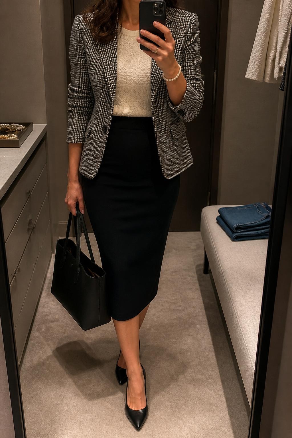 mirror selfie of a woman wearing the exact outfit described above, clearly showing a black pencil midi skirt, ivory knit top, black and white houndstooth blazer, black closed-toe pumps, a black structured tote, and a pearl bracelet, holding a phone in front of a mirror, cropped at NECK so the face does not show, with a relaxed casual selfie pose, in a minimal dressing room, warm moody lighting, with folded denim jeans on a bench and a jewelry tray on the vanity, latest iPhone photo quality.