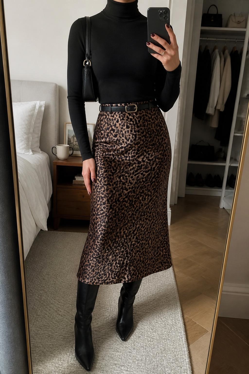 mirror selfie of a woman wearing a black fitted turtleneck bodysuit, brown leopard print satin midi skirt, black knee-high boots, slim black belt, and a black baguette bag, clearly showing the same clothing items, colors, fabrics, and accessories listed in the Outfit Pieces section, holding a phone in front of a mirror, cropped at NECK so the face does not show, with a relaxed casual selfie pose, in a stylish city apartment, soft indoor lighting, including a coffee mug on a bedside table and an open closet with clothes visible, latest iPhone photo quality.