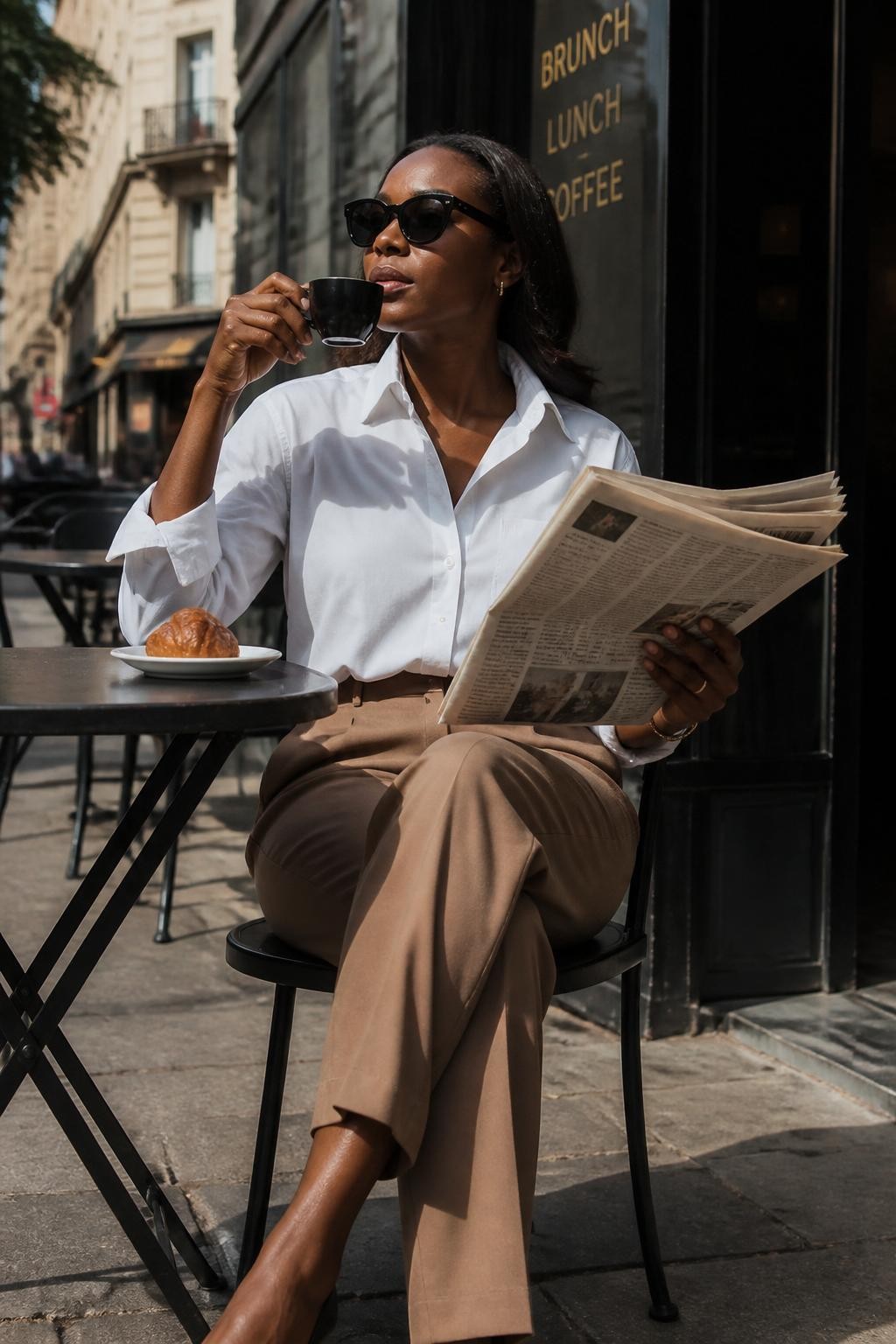 A stylish cafe photo of an adult Black woman with dark brown skin sitting outside at a small metal table, wearing a crisp white shirt, dark sunglasses, and tailored tan trousers, holding a folded newspaper in one hand while the other hand lifts a small espresso cup, chin slightly angled upward, legs crossed neatly under the table, croissant on a white plate, city sidewalk behind her, cafe chairs, morning sunlight, realistic paper creases, soft wind moving the shirt sleeve, DSLR street cafe photography, polished but natural mood.