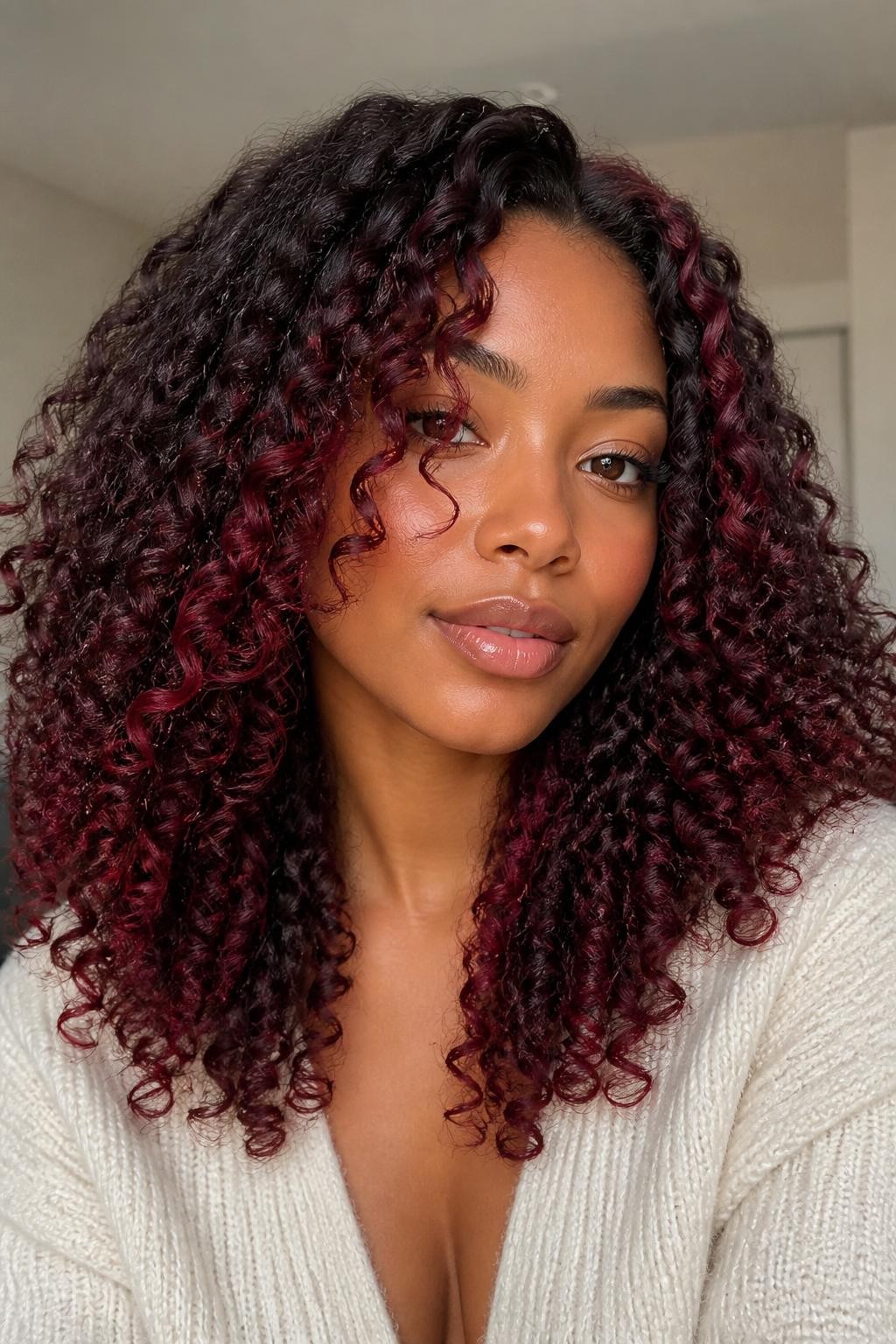 Image Prompt: A beautiful woman with dark curly hair and raspberry highlights, rich black-brown base with soft raspberry-red pieces throughout the curls and around the face, defined curl pattern with shine, warm brown skin, natural glowing makeup, glossy nude lips, cream cardigan, soft indoor background with diffused daylight, realistic beauty editorial portrait, close-up detailed hair texture and berry highlight contrast, no text, (no watermarks on images)