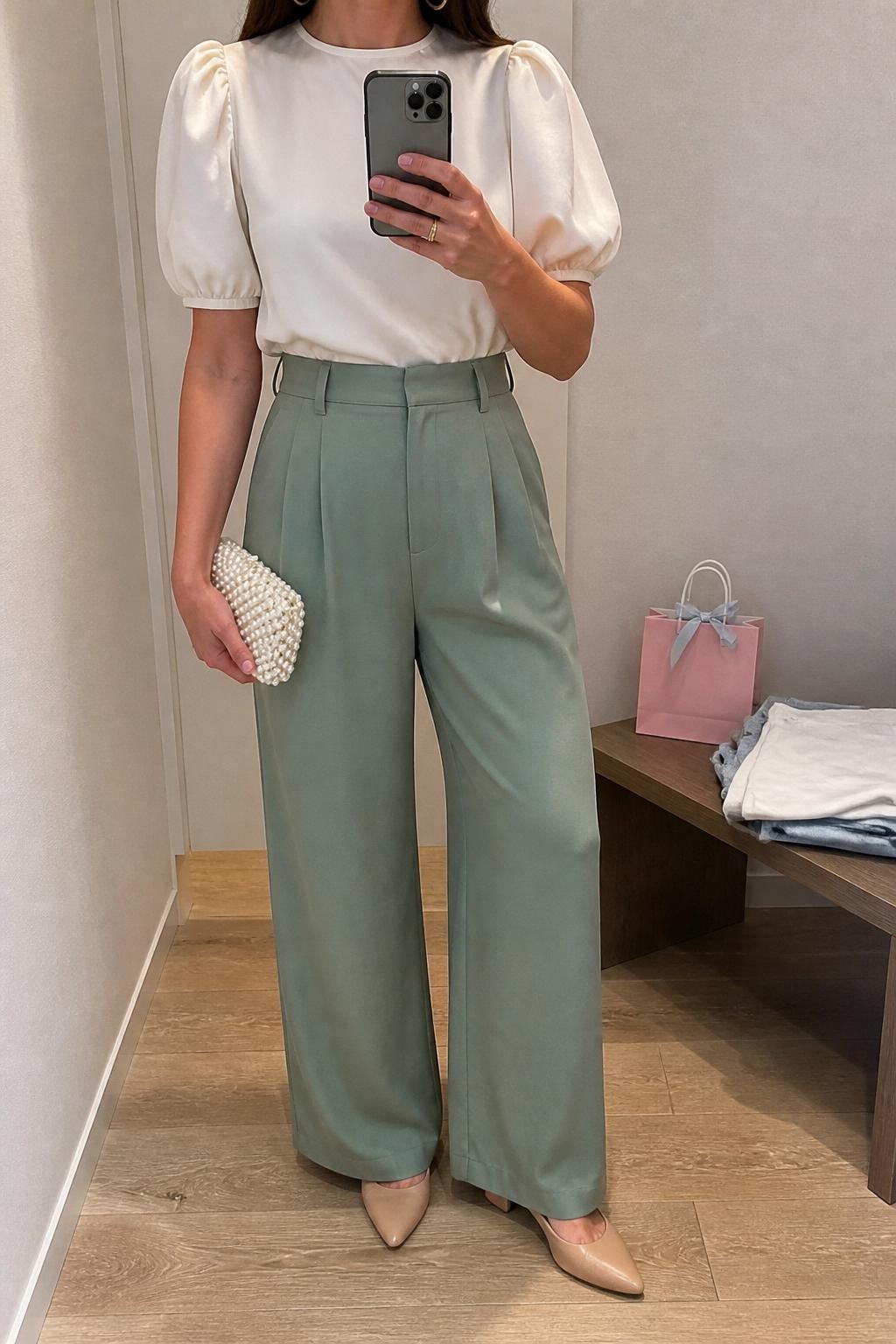 mirror selfie of a woman wearing the exact outfit described above, clearly showing an ivory puff-sleeve blouse tucked into sage green wide-leg trousers, nude pointed flats, a pearl clutch, and gold hoop earrings, holding a phone in front of a mirror, cropped at NECK so the face does not show, with a relaxed casual selfie pose, in a minimal dressing room mirror, soft natural light, with a small pastel gift bag on a bench and folded clothes beside it, latest iPhone photo quality.