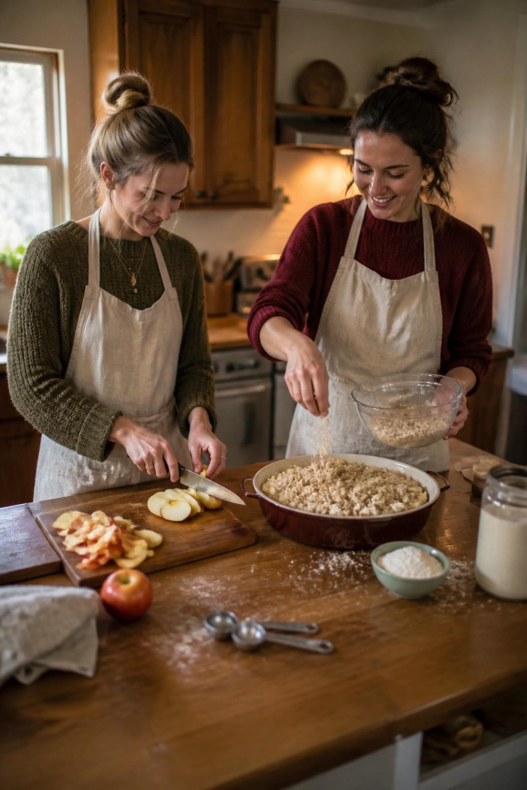 Image Prompt: Two white female best friends baking apple crisp in a modest home kitchen, one slicing peeled apples at a wooden counter while the other sprinkles oat topping into a ceramic baking dish, both wearing casual fall sweaters with simple linen aprons, natural flour dust, apple peels, a mixing bowl, and measuring spoons arranged realistically rather than perfectly, soft window light mixed with warm kitchen lighting, photographed with a DSLR 35mm lens from across the island, natural expressions, realistic food texture, slightly messy countertops, lived-in cabinetry, no commercial kitchen, no excessive decorative pumpkins.