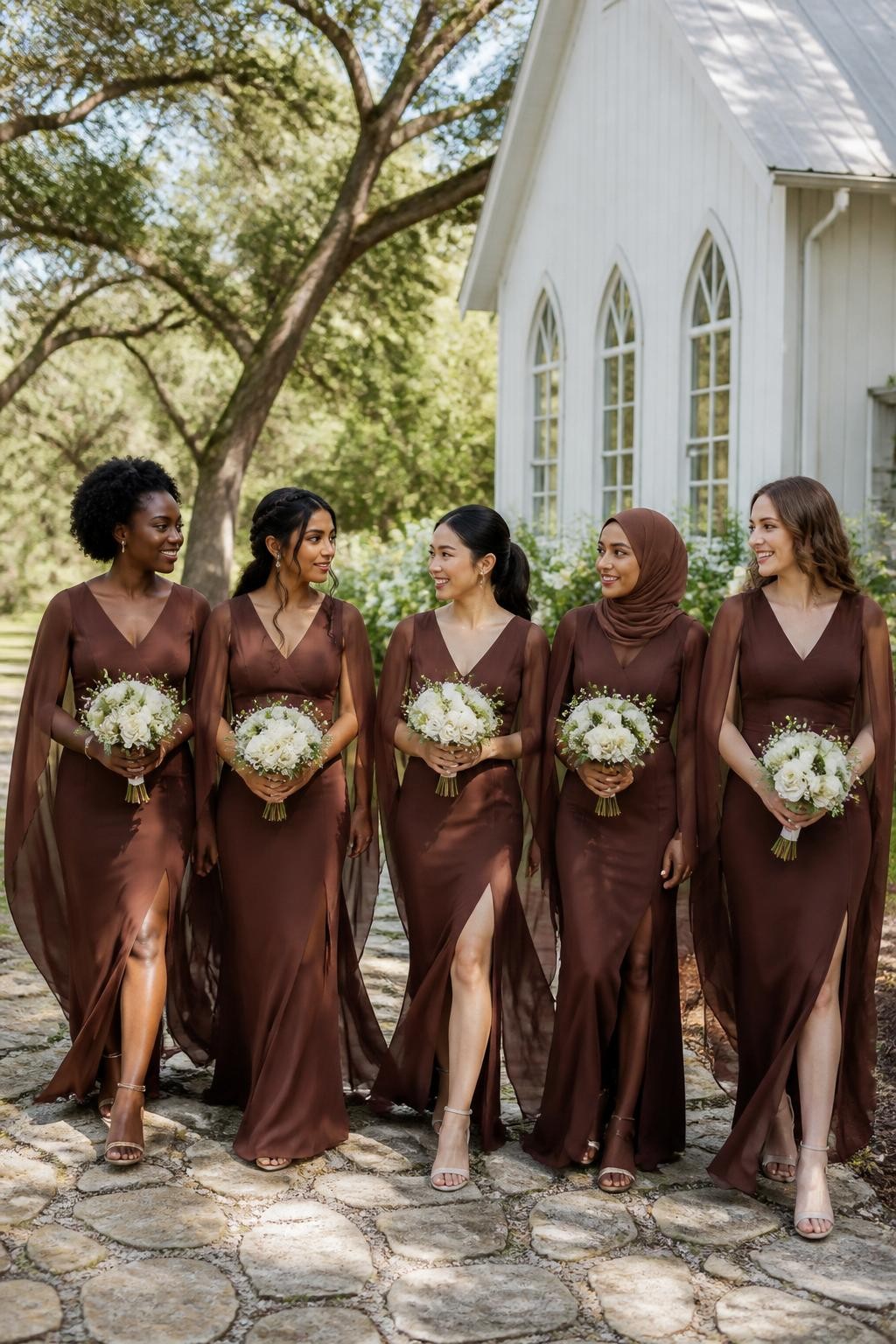 Realistic outdoor wedding image of five bridesmaids wearing cocoa brown chiffon gowns with fitted V-neck bodices, defined waists, and long split cape sleeves attached at the shoulders, women of West African, South Asian, East Asian, Middle Eastern, and European appearance with deep, golden brown, olive, tan, and fair complexions, bright expressive faces, realistic pores and subtle makeup, hairstyles including natural coils, a braided crown, smooth hijab styling, polished ponytail, and loose waves, walking beside a white countryside chapel surrounded by mature trees, cream wildflowers, and pale stone pathways, light breeze lifting the chiffon capes naturally, visible fabric transparency, soft shadows, and believable proportions, documentary-style DSLR wedding photography.