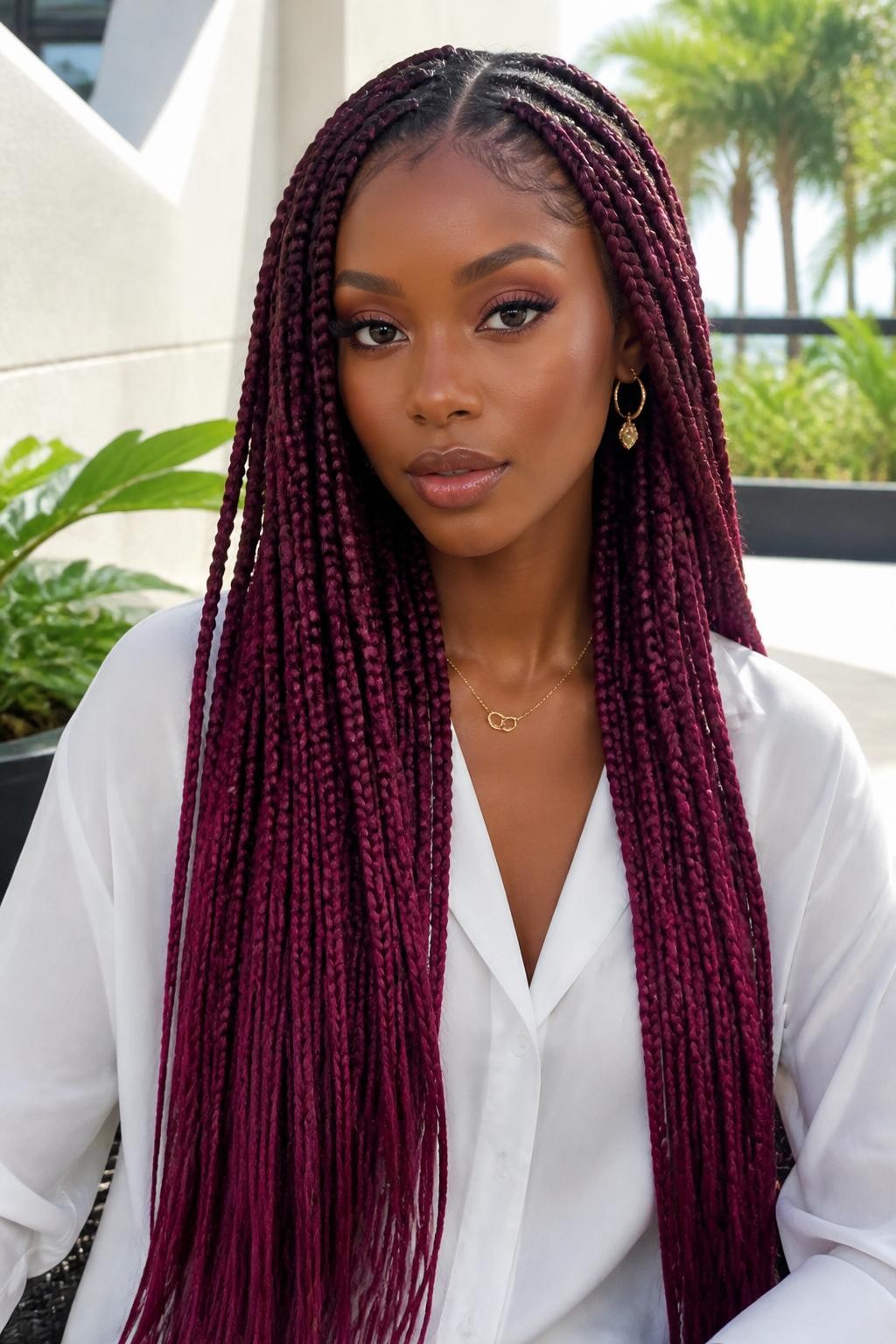 Image Prompt: A stylish woman with extra-long berry plum knotless braids, lightweight natural-looking roots, clean scalp parts, smooth braids flowing over the shoulders, rich berry-purple braid color, deep brown skin, soft glam makeup, glossy lips, delicate gold jewelry, white blouse, bright natural daylight, clean airy outdoor background, realistic beauty editorial photo, detailed braid texture, polished finish, no text, (no watermarks on images)