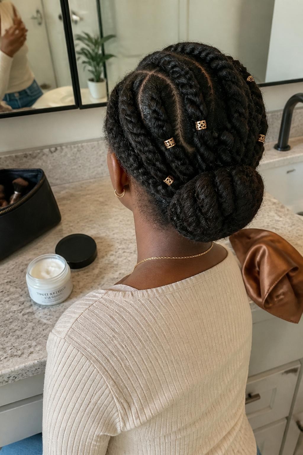 Image prompt: Photo of a Black woman wearing five chunky flat twists gathered into a wide low bun with small bronze cuffs, back-of-head view to highlight the pattern, bathroom vanity mirror with a makeup bag nearby, soft indoor lighting, containing an open jar of twist cream on the counter and a satin scarf beside the sink, realistic fall morning styling moment, latest iPhone photo quality.
