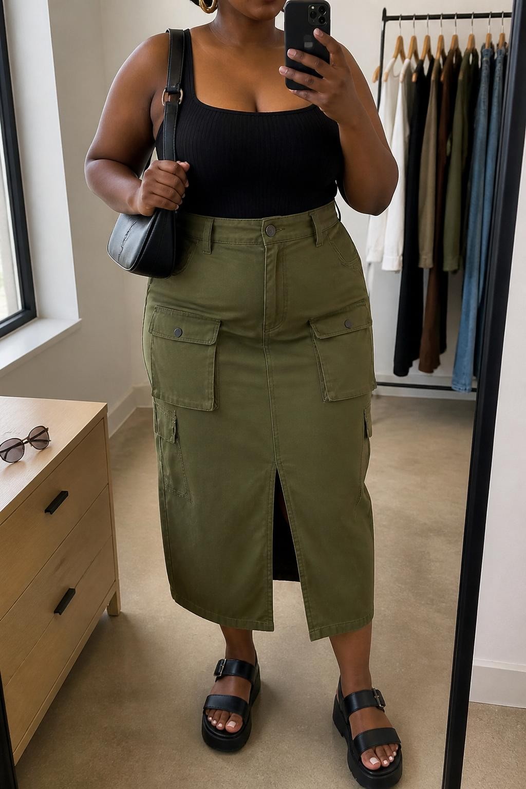 Mirror selfie of a black plus size woman wearing an olive green high-waisted utility midi skirt with a front slit and flat cargo pockets, a fitted black ribbed square-neck bodysuit, black platform sandals, a compact black leather shoulder bag, and chunky gold hoop earrings, clearly showing the exact clothing items, olive utility fabric, black ribbed top, footwear, and accessories listed, holding a phone in front of a mirror, cropped at the neck so her face does not show, relaxed modern selfie stance, in a minimal dressing room with natural window light, a clothing rack with garments behind her and sunglasses placed on a dresser, realistic activity-date outfit, latest iPhone photo quality.