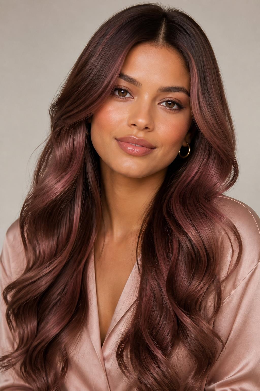 Image Prompt: A beautiful woman with long soft rose brown hair, warm brunette base with muted rosy-pink undertones, center part, loose glossy waves, smooth healthy shine, warm medium skin tone, soft pink-toned makeup, glossy nude lips, small gold hoop earrings, blush satin blouse, clean neutral studio background, soft diffused lighting, realistic DSLR beauty editorial portrait, detailed rosy brunette shine and smooth wave texture, no text, (no watermarks on images)
