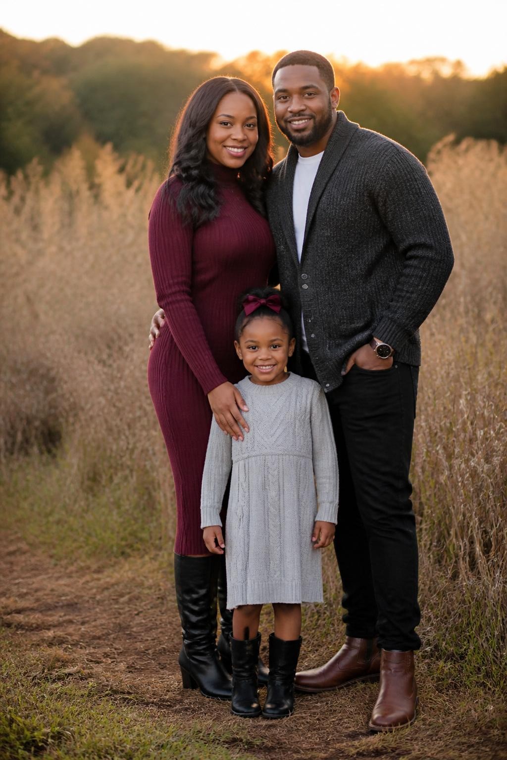 Realistic DSLR fall family picture of a Black family of three standing near tall golden grass, mom wearing a burgundy sweater midi dress with black knee-high boots, dad wearing a charcoal gray cardigan over a white tee with black jeans and brown boots, young daughter wearing a light gray knit dress with burgundy bow and black boots, warm sunset lighting, soft natural background, stylish family portrait.