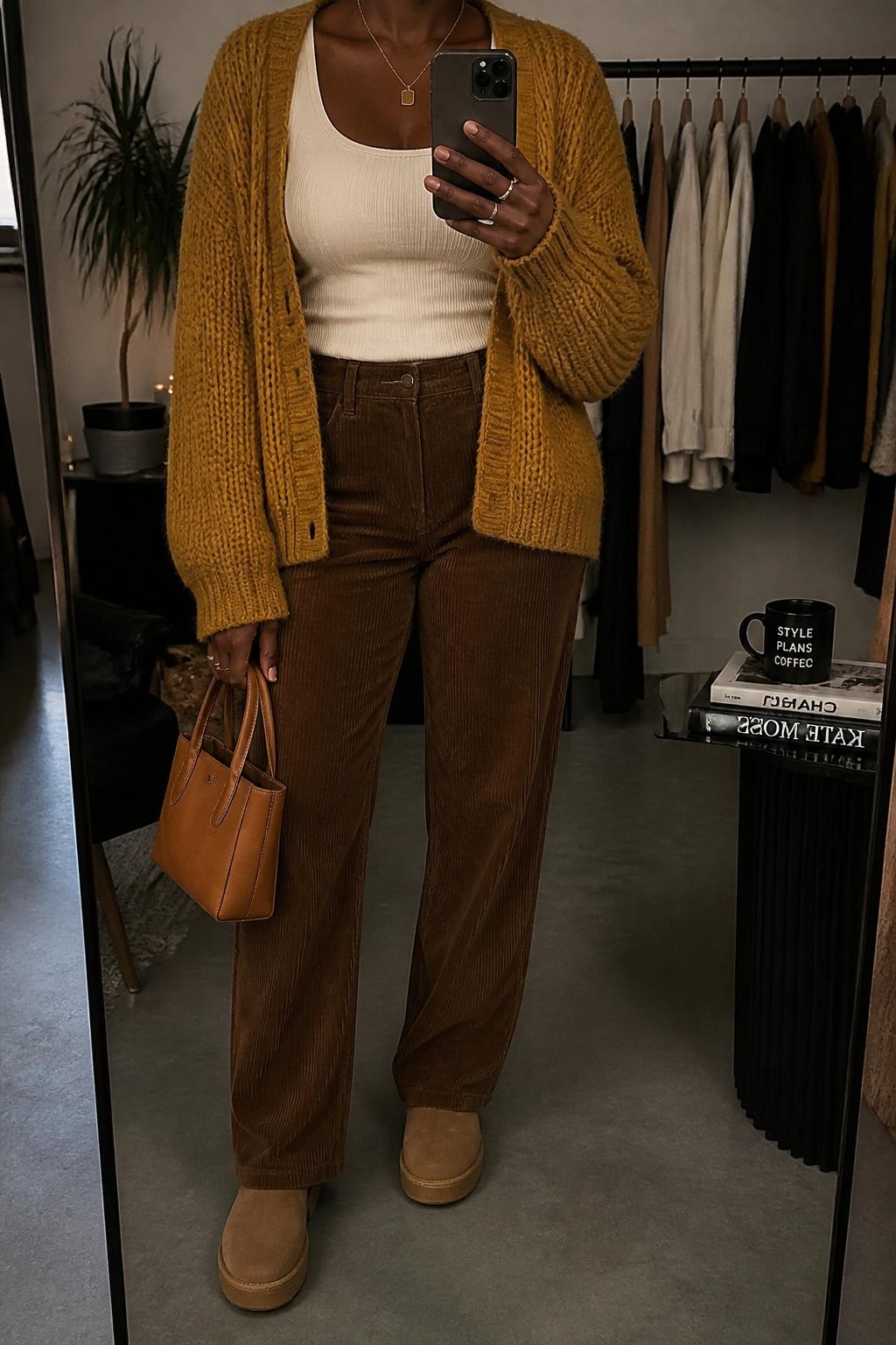 Mirror selfie of a Black woman wearing a mustard chunky cardigan sweater, cream fitted tank top, brown corduroy straight-leg pants, tan suede clogs, gold pendant necklace, and a caramel mini tote bag, holding a phone in front of a mirror, cropped at NECK so the face does not show, relaxed casual selfie pose, in a fashion studio mirror corner, warm moody lighting, with a clothing rack with garments behind and a coffee mug on a side table, latest iPhone photo quality.
