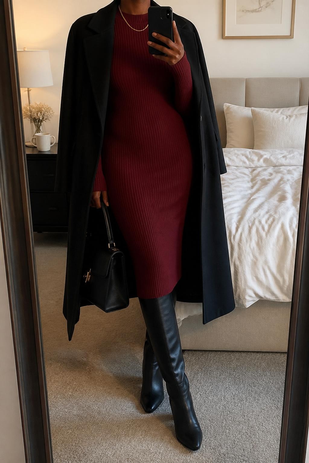 mirror selfie of a Black woman wearing the exact outfit described above, clearly showing a burgundy ribbed knit midi dress with long sleeves, black knee-high leather boots, a black wool coat draped open, a black structured handbag, and a slim gold necklace, holding a phone in front of a mirror, cropped at NECK so the face does not show, with a relaxed casual selfie pose, in a cozy bedroom mirror setup, soft indoor lighting, with soft pillows on an unmade bed and a coffee mug on a bedside table, latest iPhone photo quality.