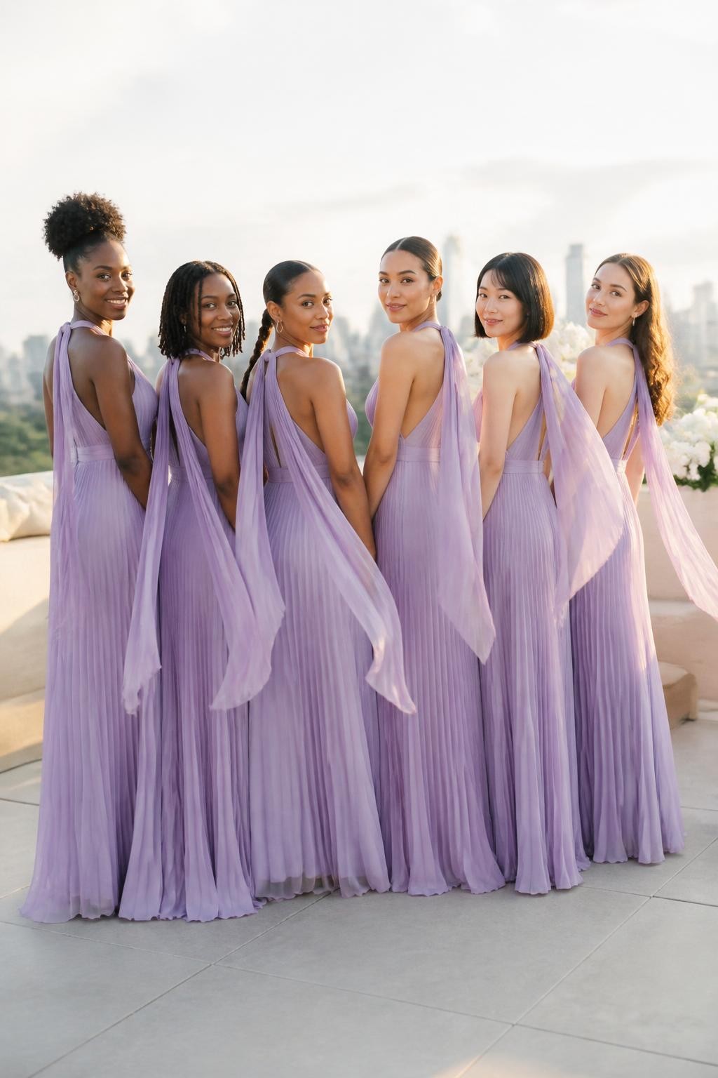 Realistic rooftop wedding photograph of six bridesmaids wearing fine pleated lilac chiffon gowns with softly gathered halter necklines, open upper backs, long narrow scarf tails flowing from the back of the neck, fitted waistbands, and floor-length skirts, women with deep neutral brown, warm copper, rich medium brown, golden olive, East Asian fair, and pale peach complexions, varied shoulder widths, ages, heights, and body types, bright beautiful faces with natural makeup and realistic under-eye texture, hairstyles including a high curly puff, shoulder-length locs, braided ponytail, sleek low bun, glossy bob, and loose waves, standing on a modern rooftop terrace with pale stone, cream furniture, white flowers, and a softly blurred skyline, late-afternoon wind moving the scarf tails and pleated skirts naturally, believable chiffon transparency and accurate lilac color.