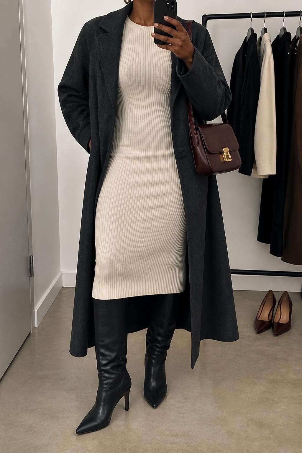 Mirror selfie of a Black woman wearing a fitted cream ribbed-knit midi dress, long charcoal-grey wool coat, black leather knee-high boots, structured oxblood shoulder bag, and small gold hoop earrings, clearly showing the exact clothing items, colors, fabrics, and accessories listed, holding a phone in front of a minimal dressing room mirror, cropped at the neck so the face does not show, relaxed confident selfie pose, soft indoor lighting, a clothing rack with garments behind and a pair of heels on the floor nearby, polished but realistic, latest iPhone photo quality.