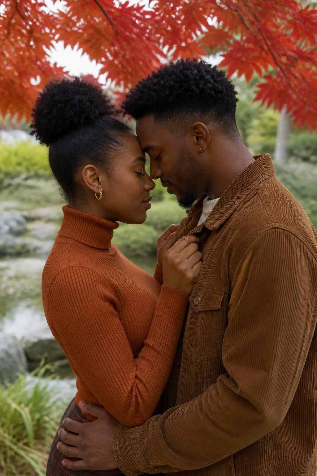 Image Prompt: A close romantic portrait of a young Black couple standing beneath low red and orange maple branches in a peaceful botanical garden, their bodies turned inward, foreheads gently touching, eyes closed, noses slightly apart, the woman lightly holding the lapels of the man’s brown corduroy jacket while his hands rest comfortably at her waist, she wears a rust-colored turtleneck and small gold earrings, he wears a cream sweater beneath the jacket, photographed from chest height with an 85mm DSLR portrait lens, soft overcast light, detailed natural skin texture, realistic eyelashes and hairlines, genuine calm expressions, shallow but believable depth of field, no waxy skin, no dramatic studio lighting.
