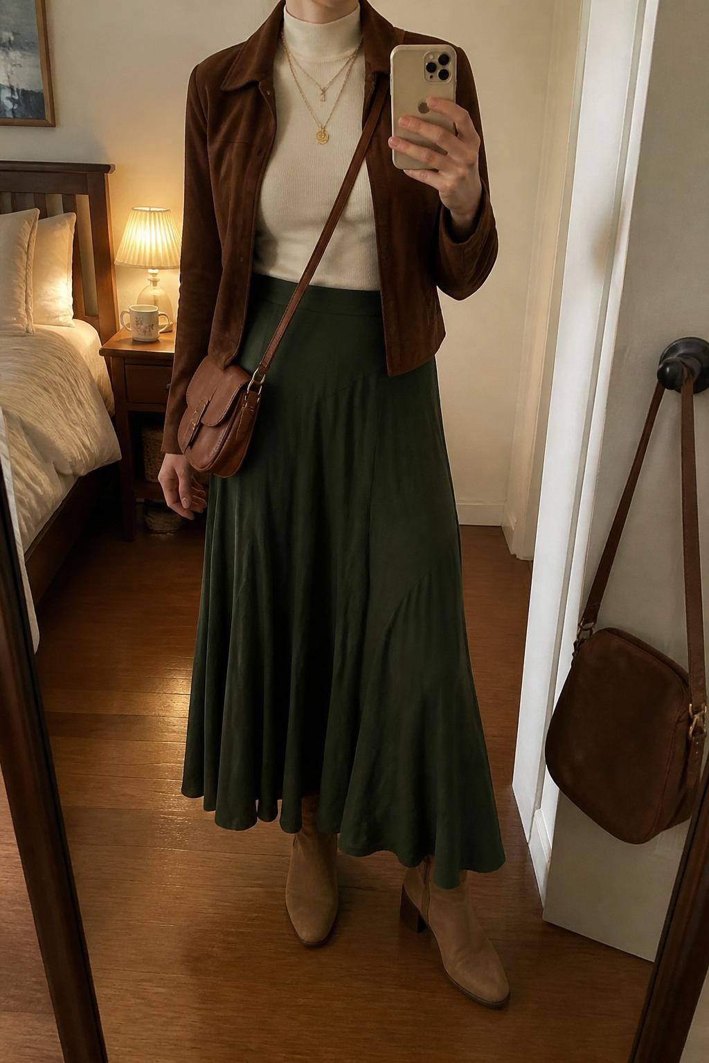 mirror selfie of a woman wearing the exact outfit described above, clearly showing a forest green flowing maxi skirt, cream fitted mock-neck top, brown suede jacket, tan heeled ankle boots, caramel leather crossbody bag, and gold layered necklaces, holding a phone in front of a mirror, cropped at NECK so the face does not show, with a relaxed casual selfie pose, in a cozy bedroom mirror setup, evening golden hour, with a handbag hanging on a door handle and a coffee mug on a bedside table, latest iPhone photo quality.