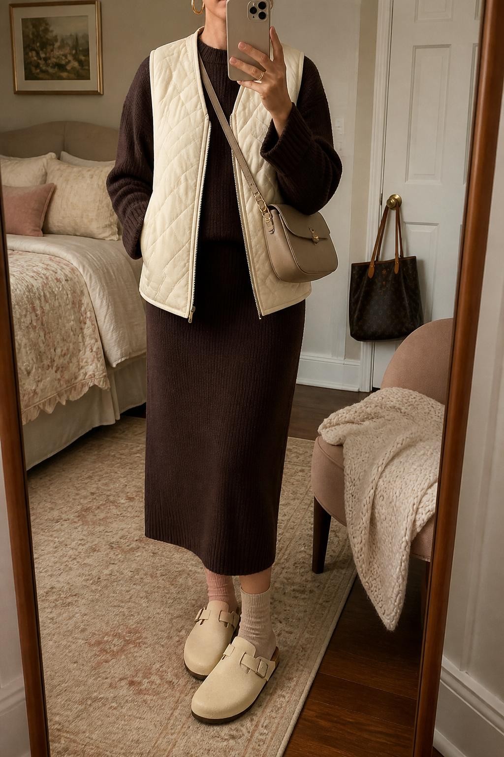 mirror selfie of a woman wearing the exact outfit described above, clearly showing cream Birkenstock-style clogs with beige socks, a chocolate brown knit midi skirt, matching chocolate brown knit sweater, an ivory quilted vest, a beige crossbody bag, and gold hoop earrings, holding a phone in front of a mirror, cropped at NECK so the face does not show, with a relaxed casual selfie pose, in a feminine-themed bedroom, warm moody lighting, with a handbag hanging on a door handle and a folded blanket on a chair, latest iPhone photo quality.