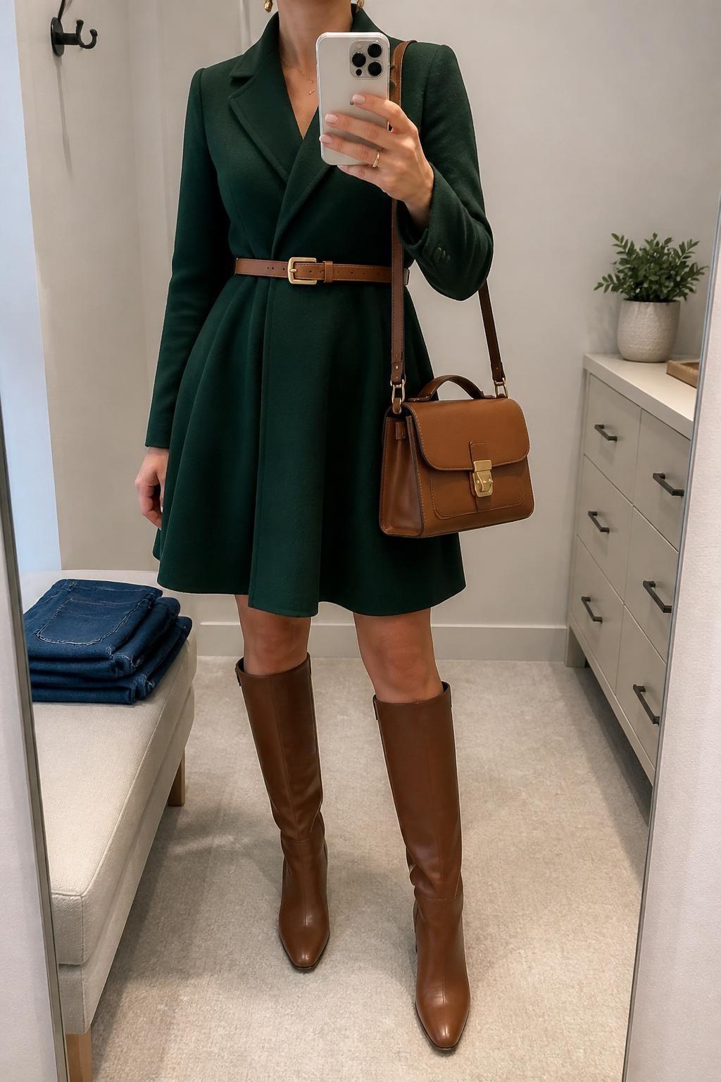 mirror selfie of a woman wearing the exact outfit described above, clearly showing chestnut brown tall leather boots, a forest green coat dress with long sleeves, a tan waist belt, a brown structured satchel, and gold stud earrings, holding a phone in front of a mirror, cropped at NECK so the face does not show, with a relaxed casual selfie pose, in a minimal dressing room, soft indoor lighting, with folded denim jeans on a bench and a small plant on a dresser, latest iPhone photo quality.