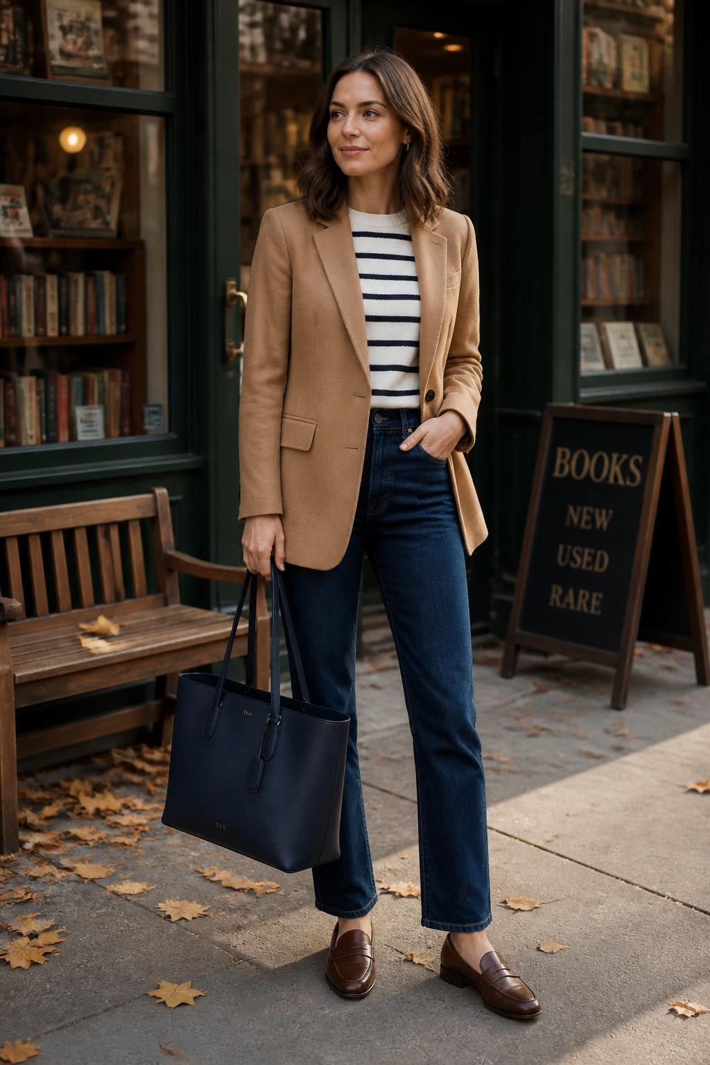 Realistic full-body DSLR fashion photo of a woman wearing a camel tailored blazer over a white and navy striped knit top, dark indigo straight-leg jeans, brown penny loafers, and a structured navy tote, standing outside a cozy bookstore with fallen leaves along the sidewalk, warm afternoon light, exact outfit details clearly visible, neat shoulder-length hairstyle, confident casual pose.