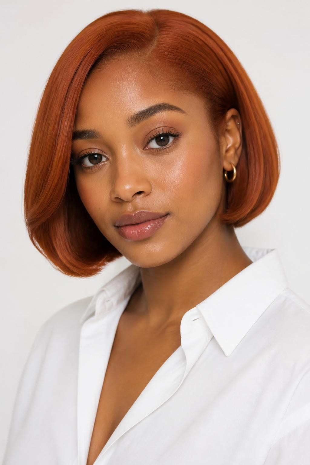 Image Prompt: A pretty woman with a chin-length bob dyed bright red copper, smooth rounded bob shape with a soft bend at the ends, bright copper-red hair color with glossy shine, medium-brown skin, fresh natural makeup, glossy lips, small gold earrings, white button-up shirt, bright clean studio background, soft flattering lighting, realistic beauty editorial photography, detailed bob shape and warm color shine, no text, (no watermarks on images)