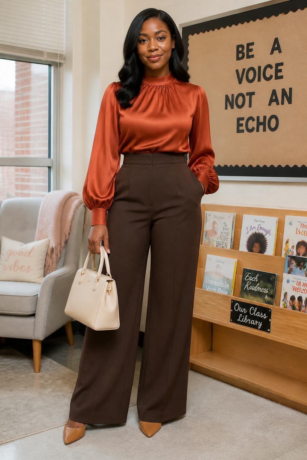 Realistic full-body DSLR fashion photo of a Black female teacher wearing a rust satin blouse with softly gathered sleeves, chocolate brown high-waisted wide-leg trousers, tan pointed flats, delicate gold stud earrings, and a cream structured handbag, standing near a classroom reading corner with a soft chair and organized book display, warm natural light, exact colors and outfit pieces visible, graceful professional pose.