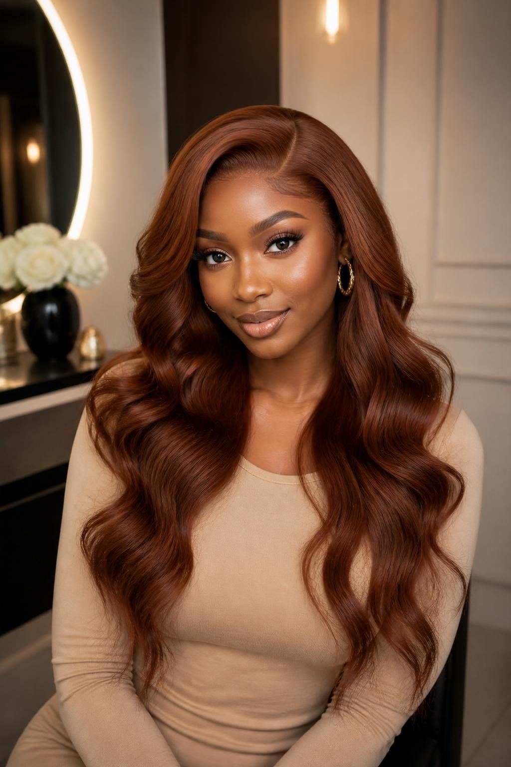 Image Prompt: A beautiful woman wearing a long soft reddish brown wig, layered loose waves, warm red-brown hair color with glossy shine, natural-looking hairline, deep brown skin, smooth soft glam makeup, gold earrings, fitted beige top, luxury beauty studio setting, soft warm lighting, realistic editorial portrait, detailed wave texture and red-brown tone, no text, (no watermarks on images)