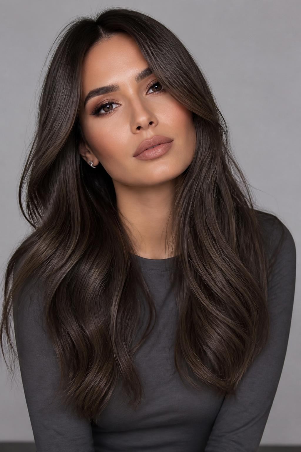 Image Prompt: A stylish brunette woman with long dark ash brown hair, cool-toned brunette shade with smoky brown undertones, sleek loose waves, neutral medium skin tone, soft neutral makeup, nude matte lips, small silver earrings, gray fitted top, clean studio background, soft cool lighting, realistic DSLR beauty editorial portrait, detailed cool brunette color blend, no text, (no watermarks on images)