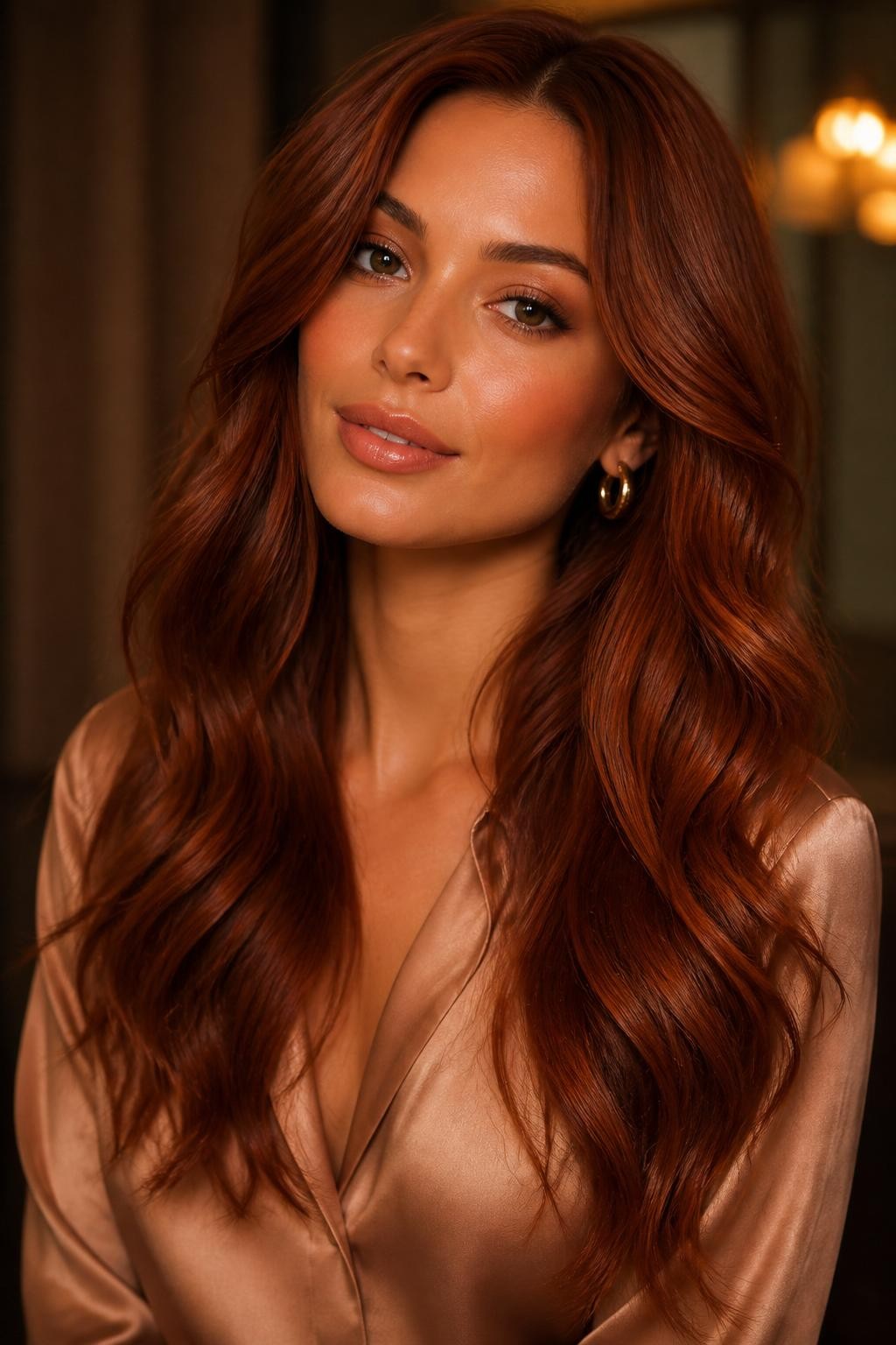 Image Prompt: A gorgeous woman with long cinnamon auburn hair, soft reddish-brown shade with cinnamon and copper undertones, loose polished waves, warm medium skin tone, peach-toned makeup, glossy nude lips, gold earrings, tan satin blouse, warm indoor studio setting, soft diffused lighting, realistic DSLR beauty portrait, detailed cinnamon auburn shine and movement, no text, (no watermarks on images)