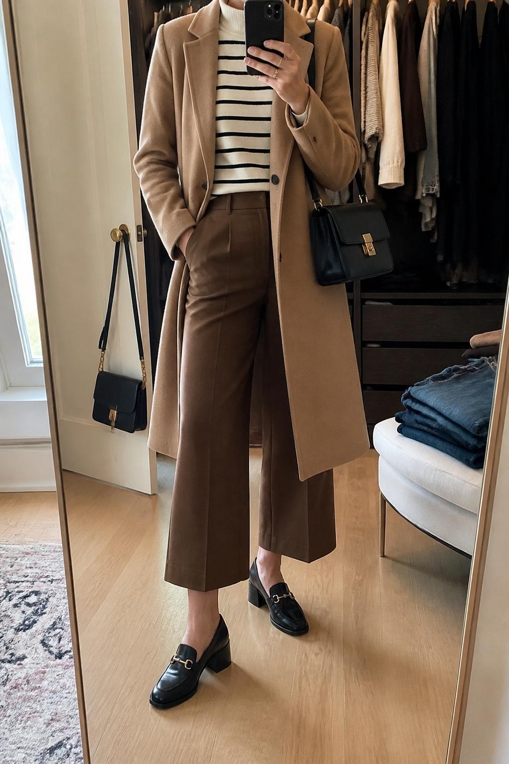 Mirror selfie of a woman wearing a cream and black striped mock-neck top, brown tailored culottes, black heeled loafers, a camel wool coat, and a black satchel bag, cropped at neck so the face does not show, in a walk-in closet mirror with natural window light, folded denim jeans on a bench and a handbag hanging on a door handle, realistic latest iPhone photo quality.