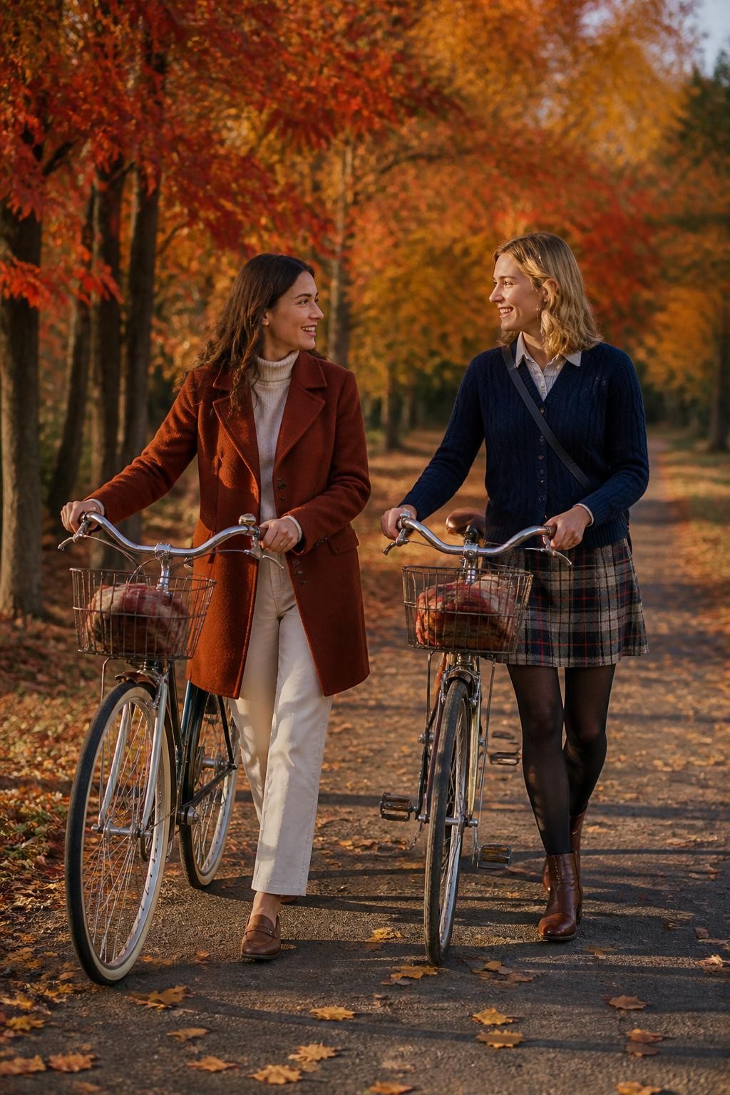 Image Prompt: Two white female best friends walking side by side with vintage-style bicycles along a paved trail bordered by red and orange trees, one wearing a rust wool coat with cream trousers and loafers, the other wearing a navy cardigan, plaid skirt, tights, and brown boots, each holding one bicycle by the handlebars while turning toward the other during conversation, small baskets attached to the bicycles with only folded scarves inside, scattered leaves along the path, soft late-afternoon light, photographed from a side-front angle with a DSLR 70mm lens, realistic bicycle proportions, natural walking posture, accurate wheel shadows, no riding without helmets, no decorative flower-filled baskets.