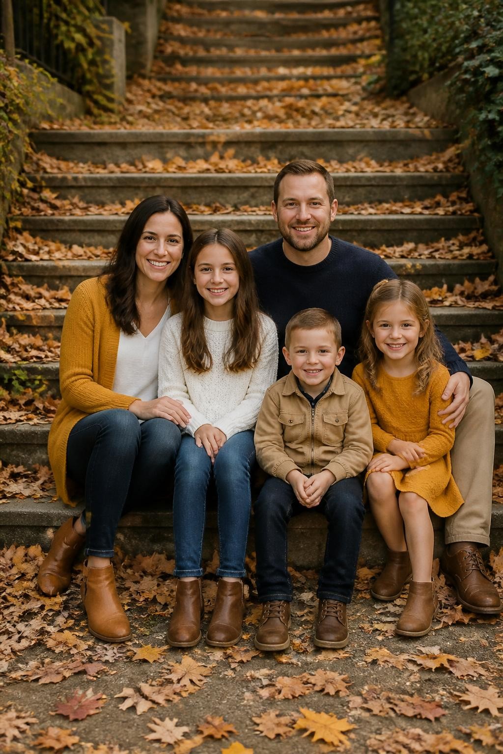 Realistic DSLR fall family picture of a family of five sitting on outdoor steps covered with fallen leaves, mom wearing a mustard cardigan over a white tee with dark wash jeans and brown ankle boots, dad wearing a navy crewneck sweater with tan chinos, oldest daughter wearing a cream sweater with denim jeans, younger daughter wearing a mustard knit dress, son wearing a tan jacket with dark jeans, soft natural light, relaxed family pose.