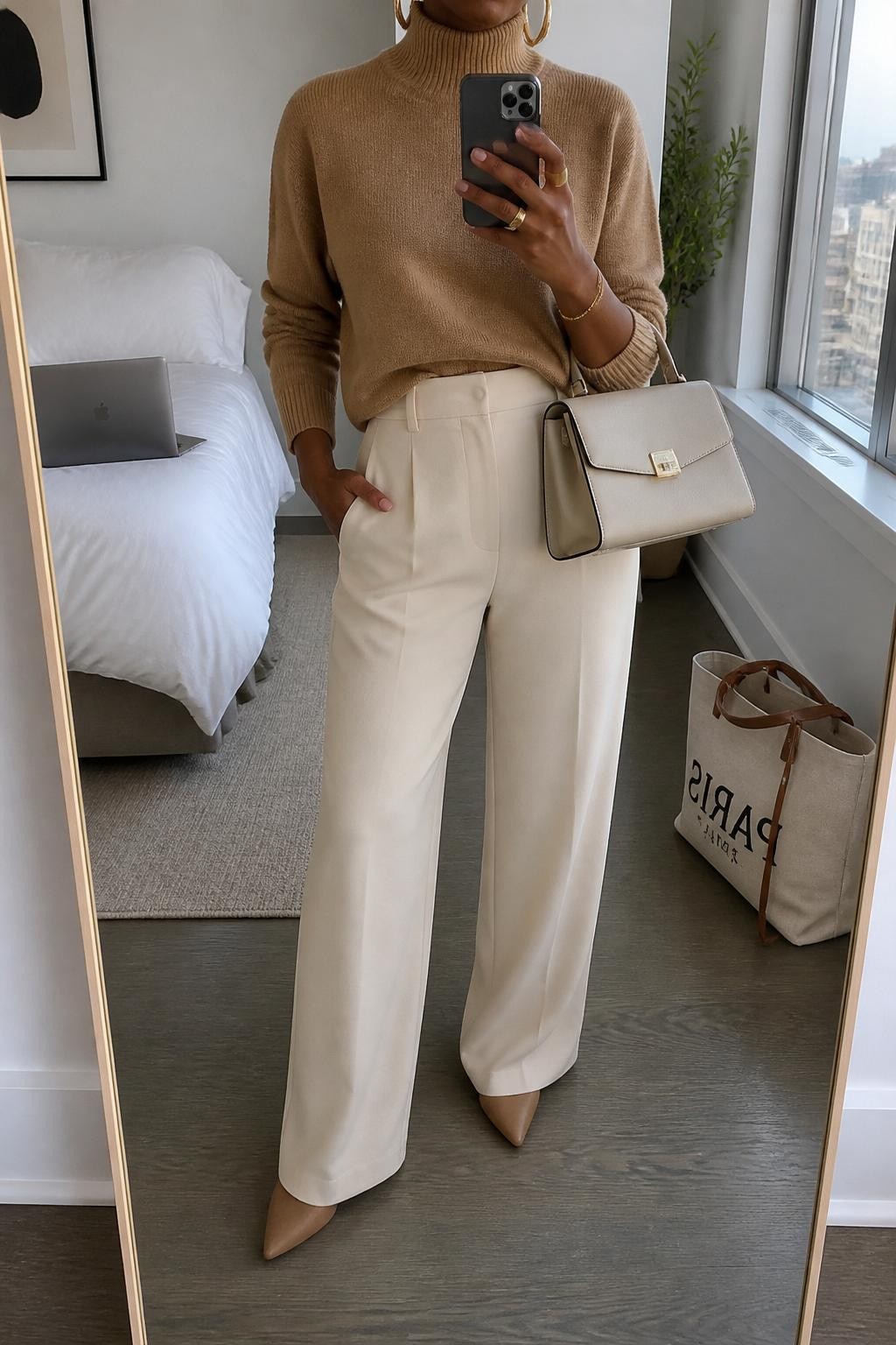Mirror selfie of a Black woman wearing a camel mock-neck sweater, cream high-waisted wide-leg trousers, tan pointed flats, gold hoop earrings, and a cream structured handbag, holding a phone in front of a mirror, cropped at NECK so the face does not show, relaxed casual selfie pose, in a stylish city apartment, natural window light, with a laptop on the bed and a tote bag resting on the floor, latest iPhone photo quality.