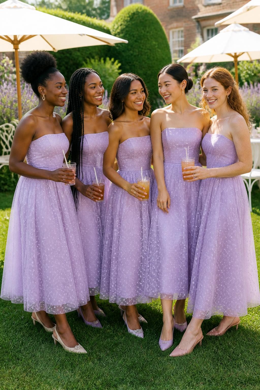 Realistic fashion-forward garden wedding photograph of five bridesmaids wearing lilac organza midi dresses covered in tiny raised tonal Swiss dots, softly curved strapless and square necklines, elongated fitted bodices, and full skirts ending around the lower calf, women with very deep brown, dark warm brown, medium caramel, East Asian light beige, and fair freckled skin tones, naturally varied heights and body shapes, bright joyful faces with genuine smiles, realistic skin texture and understated makeup, hairstyles including a sculpted afro puff, long braids, shoulder-length bob, polished bun, and soft curls, standing at a stylish garden reception with cream parasols, white bistro chairs, lavender flowers, iced drinks, and clipped hedges, clear afternoon light showing the raised dots, elegant slingback heels visible, authentic organza transparency, natural seams, and softly uneven skirt folds.