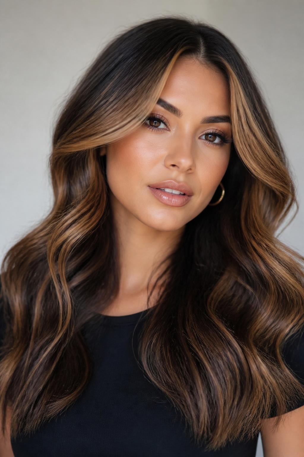 Image Prompt: A stylish woman with dark brown wavy hair and honey blonde money piece highlights framing the face, warm honey front sections, rich dark brunette base, loose waves with shine, natural glam makeup, glossy nude lips, small gold hoop earrings, fitted black top, clean neutral studio background, close-up beauty portrait, realistic DSLR photo, clear face-framing honey blonde color detail, no text, (no watermarks on images)