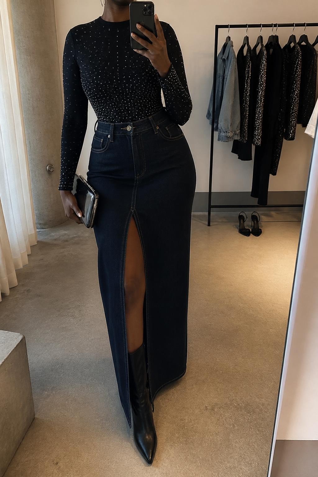 mirror selfie of a Black woman wearing the exact outfit described above, clearly showing a black rhinestone long-sleeve bodysuit, dark wash denim maxi skirt with front slit, black heeled boots, black metallic clutch, and silver hoop earrings, holding a phone in front of a mirror, cropped at NECK so the face does not show, with a confident casual selfie pose, in a fashion studio mirror corner, soft indoor lighting, including a pair of heels on the floor nearby and a clothing rack with garments behind, latest iPhone photo quality.