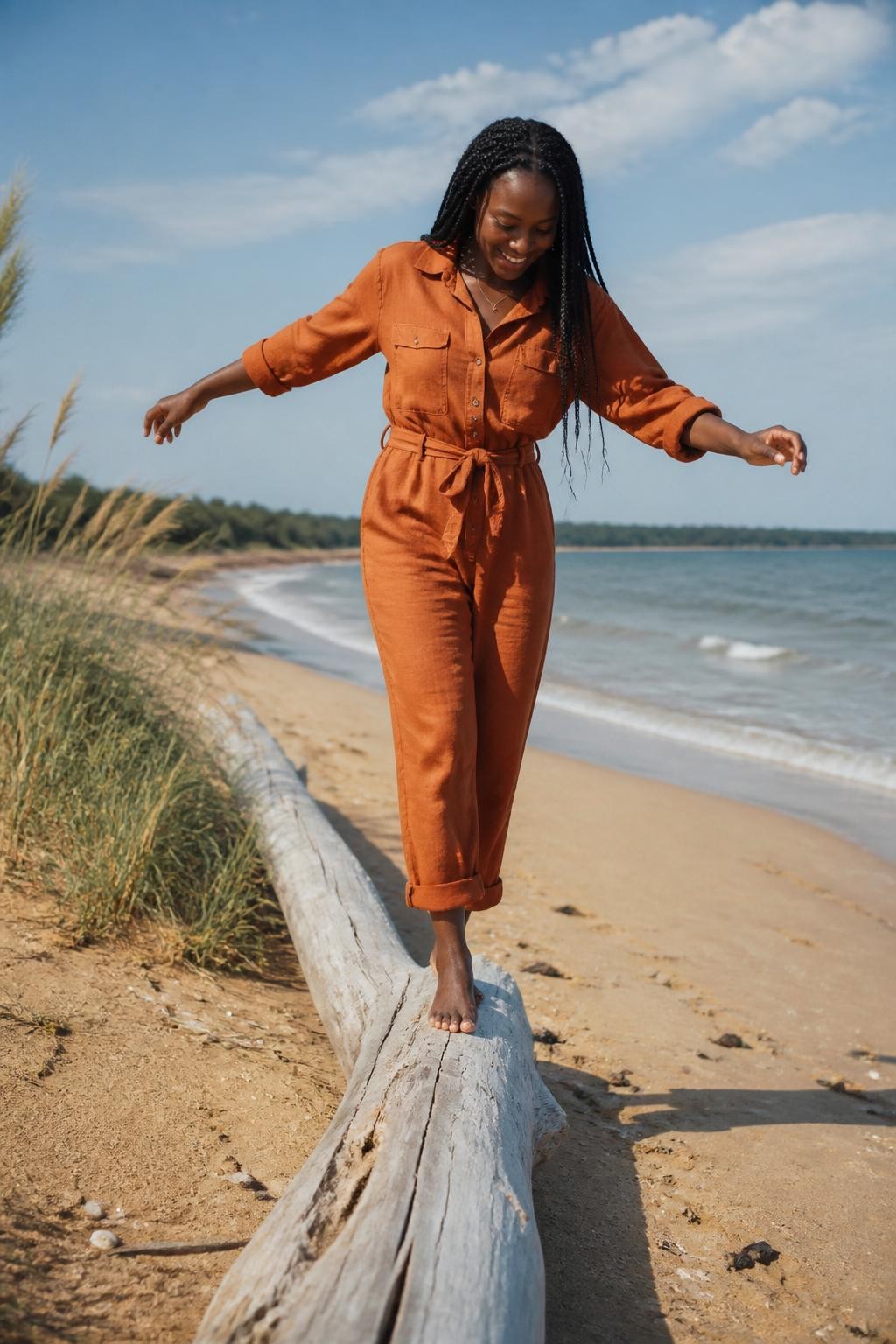 A creative beach photo of an adult Black woman with deep brown skin walking carefully along a large piece of sun-bleached driftwood on the sand, wearing a rust-colored linen jumpsuit with the sleeves rolled up, arms stretched slightly for balance, head tilted down with a playful grin, bare feet on the wood, soft waves behind her, sea grass moving in the wind, textured driftwood cracks, small shells in the sand, natural sunlight, realistic shadows, candid DSLR travel photo, adventurous beach-day feel.