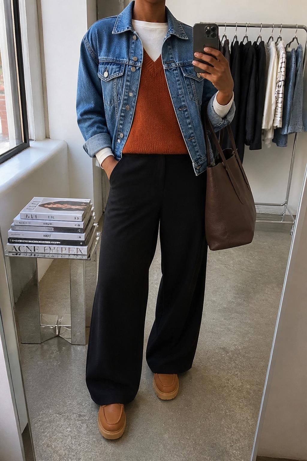 Mirror selfie of a Black woman wearing a medium-wash denim jacket over a rust sweater vest and a cream long-sleeve crew-neck top, clearly showing black wide-leg trousers, tan platform loafers, and a dark brown leather tote, holding an iPhone in front of a fashion studio mirror corner, cropped at the neck so the face does not show, relaxed casual selfie pose, natural window light, a stack of fashion magazines on a side table and a clothing rack with garments behind, natural unstaged setting, latest iPhone photo quality.