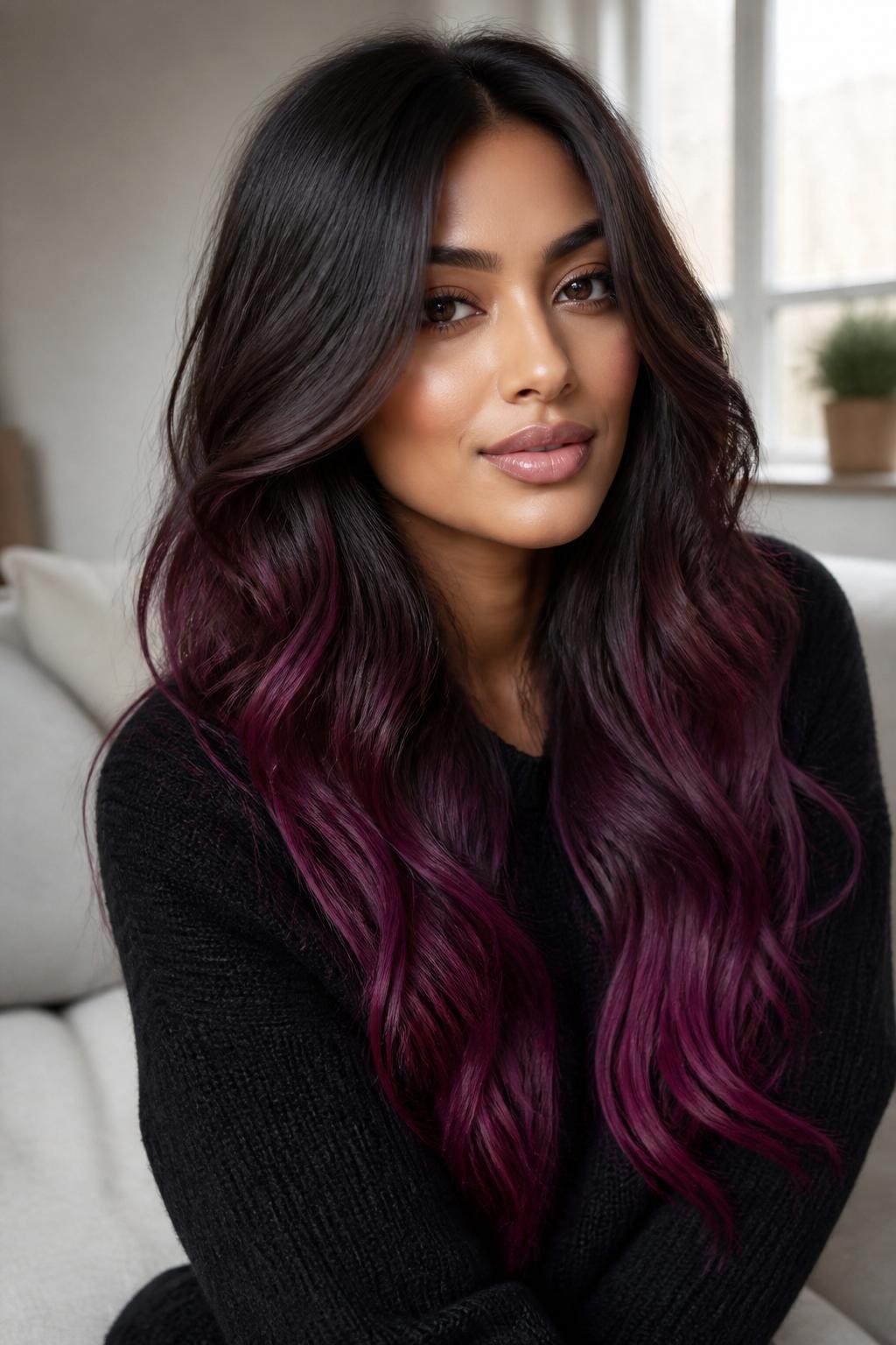 Image Prompt: A beautiful woman with long dark brown hair fading into berry plum ombré ends, glossy dark roots and mid-lengths blending into purple-berry tips, soft loose waves, warm brown skin, soft glam makeup, nude gloss, black sweater, cozy indoor background, soft natural window light, realistic beauty editorial photo, smooth color transition, no text, (no watermarks on images)