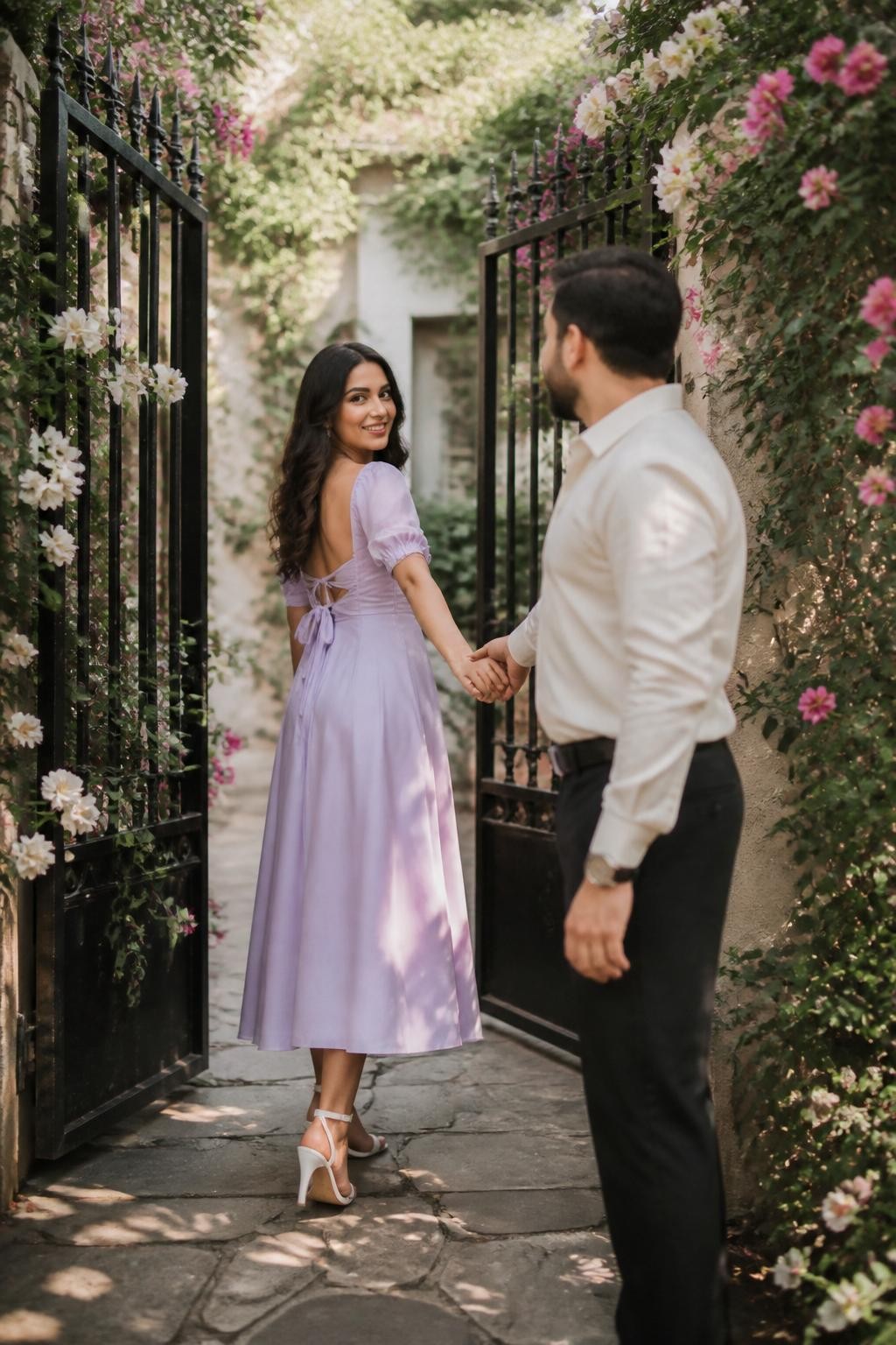 Image prompt: A dreamy DSLR couple photo at a garden gate covered in climbing flowers, featuring an adult woman with medium skin tone wearing a soft lavender dress, walking through the open gate while holding her partner’s hand behind her, her body halfway turned back toward him with a gentle smile, he stands just behind the gate in a cream shirt and dark trousers, flowers framing both sides, stone path, soft afternoon light, realistic petals and leaves, natural fabric movement, polished outdoor couple photography, romantic but natural.