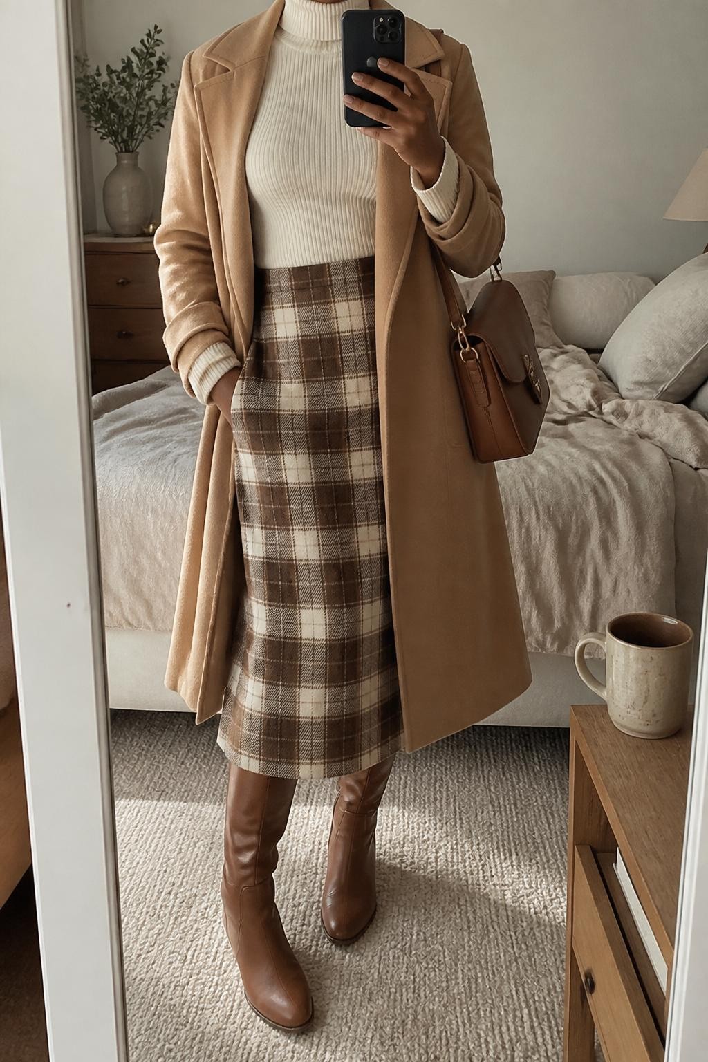mirror selfie of a Black woman wearing the exact outfit described above, clearly showing cognac brown riding boots, a brown and cream plaid midi skirt, a fitted ivory turtleneck sweater, a camel wrap coat, a tan leather satchel bag, and pearl stud earrings, holding a phone in front of a mirror, cropped at NECK so the face does not show, with a relaxed casual selfie pose, in a cozy bedroom mirror setup, natural window light, with soft pillows on an unmade bed and a coffee mug on a bedside table, latest iPhone photo quality.