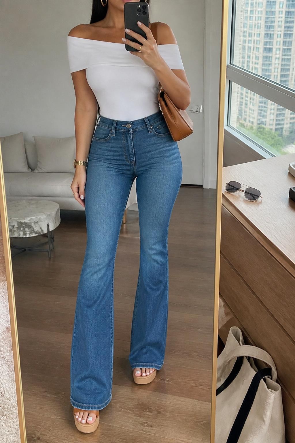 Mirror selfie of a Latina woman wearing a white off-shoulder fitted top, high-waisted medium blue flare jeans, tan platform sandals, chunky gold hoop earrings, and a caramel shoulder bag, holding a phone in front of a mirror, cropped at NECK so the face does not show, relaxed casual selfie pose, in a stylish city apartment, natural window light, with sunglasses placed on a dresser and a tote bag resting on the floor, latest iPhone photo quality.