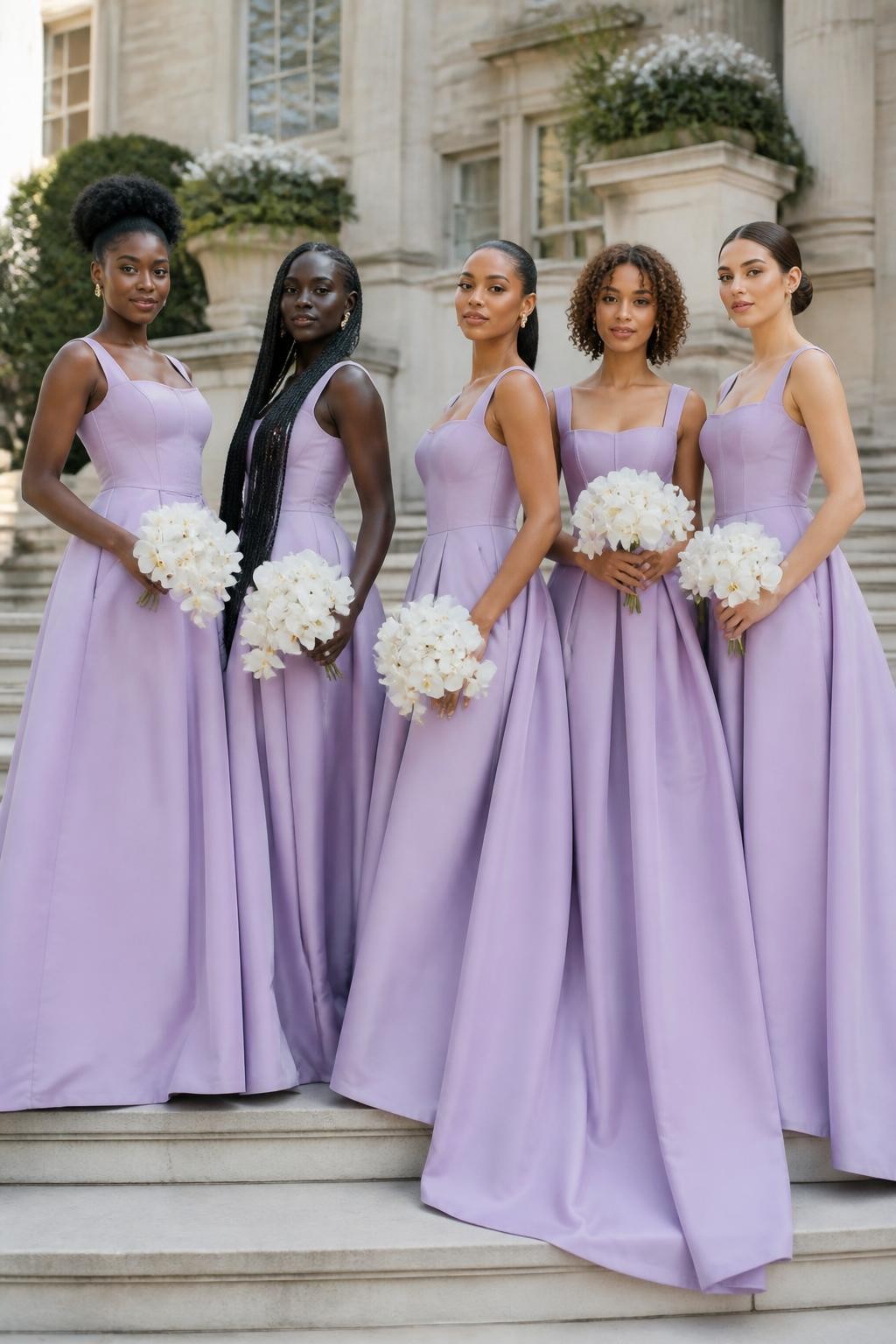 Realistic fashion-forward wedding portrait of five bridesmaids wearing structured lilac silk-faille gowns with softly corseted bodices, wide square necklines, curved basque waists, and sweeping floor-length skirts with hidden side pockets, women with very deep brown, cool dark brown, cinnamon, golden tan, and pale neutral skin tones, different torso lengths, bust sizes, and body proportions represented naturally, bright beautiful faces with individual features, realistic skin texture and small flyaway hairs, hairstyles including a sculpted natural updo, waist-length braids, glossy ponytail, short curly bob, and smooth chignon, photographed on broad pale-stone steps outside a historic manor, holding compact ivory orchid bouquets, clear morning light revealing accurate lilac tones, precise corset seams, realistic fabric stiffness, and deep natural skirt folds.