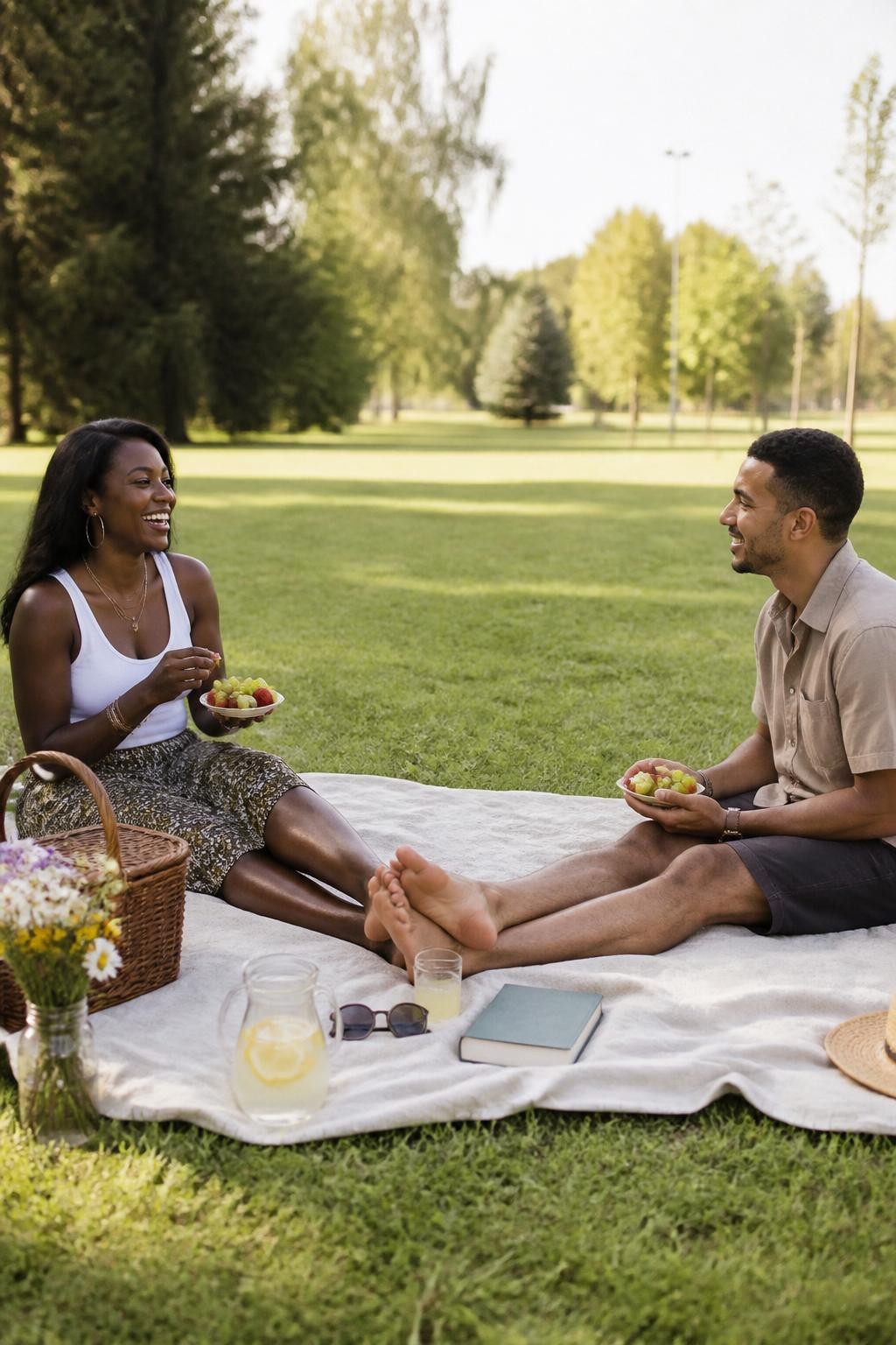 Image prompt: A sunny DSLR photo of an adult couple sitting on a picnic blanket in a quiet park, featuring a Black woman with warm dark skin wearing a white tank top, printed maxi skirt, and gold hoops, sitting with her legs stretched out while her partner sits facing her with his legs stretched toward hers, their bare feet gently touching in the middle of the blanket, both laughing while holding small plates of fruit, picnic basket, lemonade, book, sunglasses, and wildflowers scattered around, soft grass, afternoon light, realistic blanket wrinkles, natural candid couple photography.